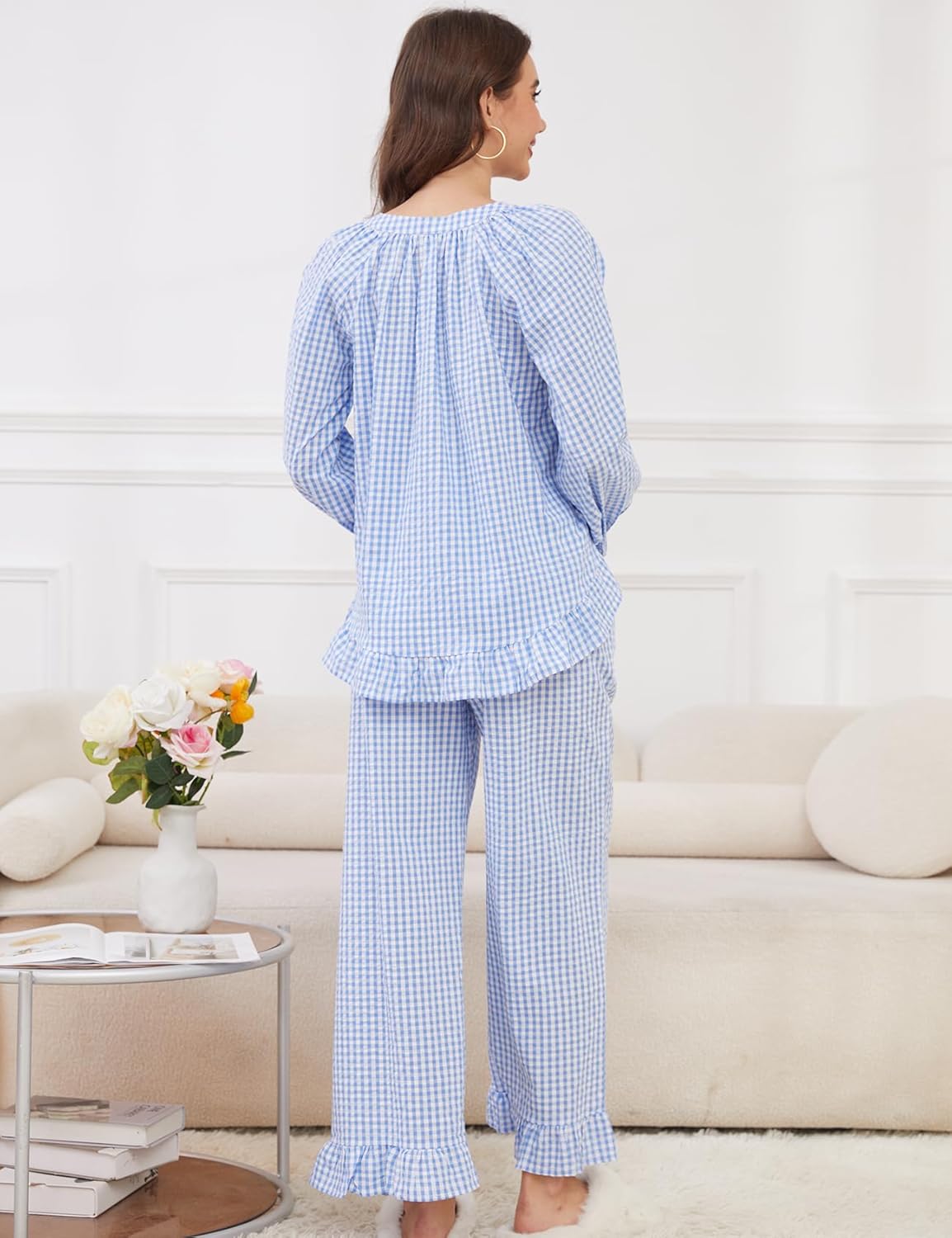 Wyeysyt Womens Gingham Pajamas Set 2 Piece Plaid Cotton Long Sleeve Babydoll Shirt and Ruffle Pants Y2K Pjs Lounge Set - Image 5