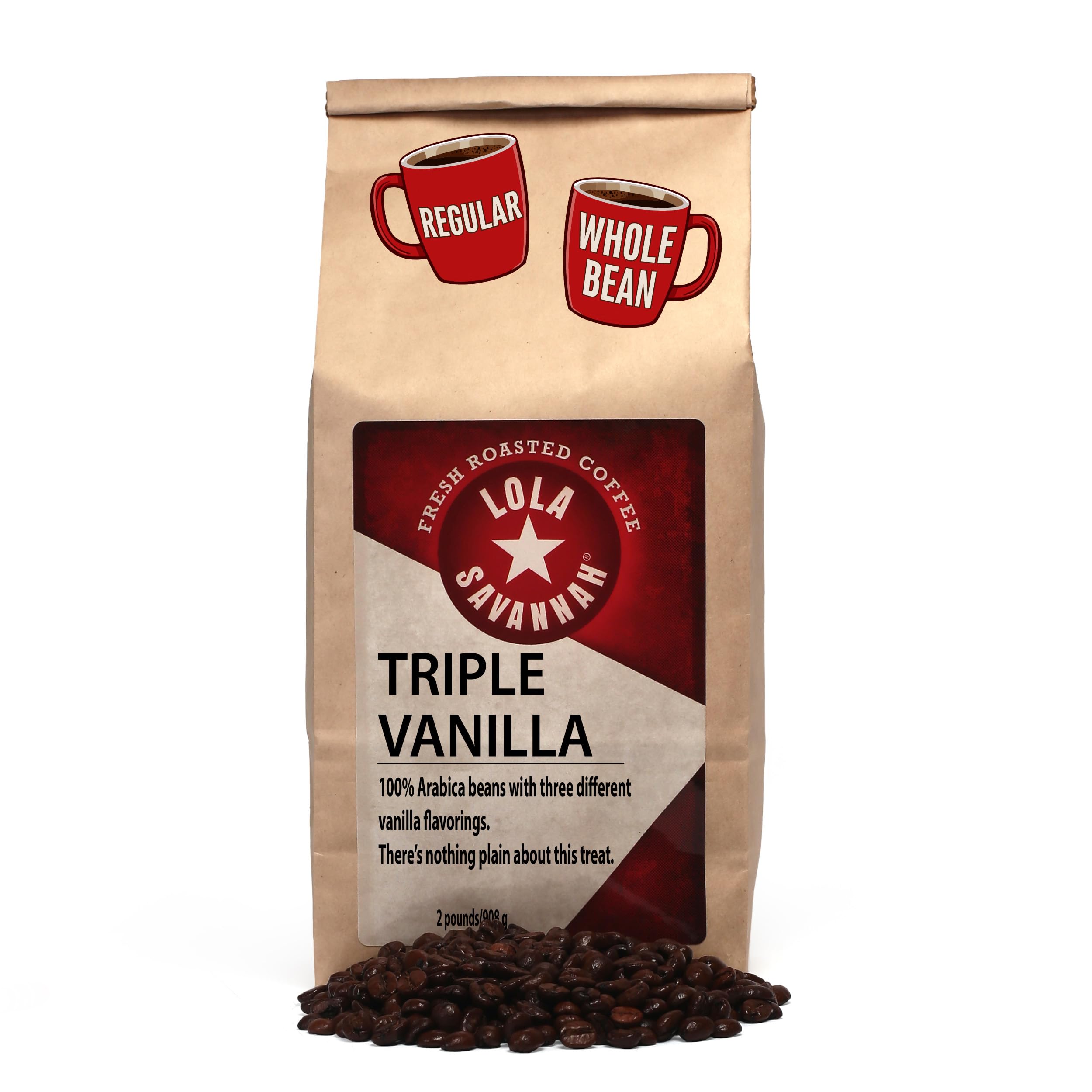Lola Savannah Triple Vanilla Whole Bean Coffee - Three Unique Layers of Vanilla Delivers an Irresistible Velvety Smooth Sweet Cream Profile, Caffeinated, 2lb Bag