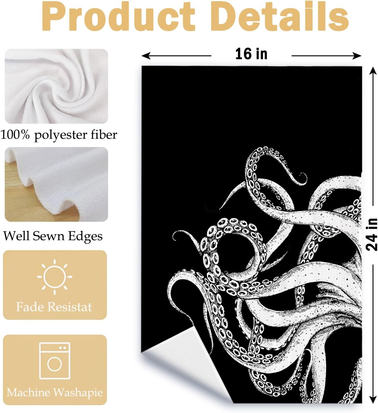 Octopus Coastal Beach Kitchen Towels, Octopus Bathroom Decor,Nautical Dish Tea Towels, Gifts for Beach Lovers Decorative Hand Towel for Bathroom Kitchen, 16x24 Inch - Image 6