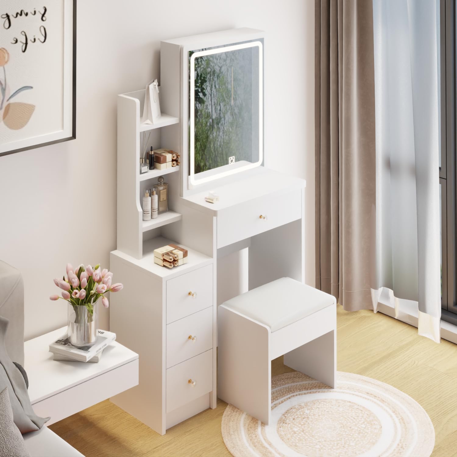 29.2" W Small Vanity Desk with Mirror and Lights, White Makeup Vanity Set with 4 Drawers and 5 Shelves, Dressing Table with Cushion Stool, Sliding Mirror for Bedroom