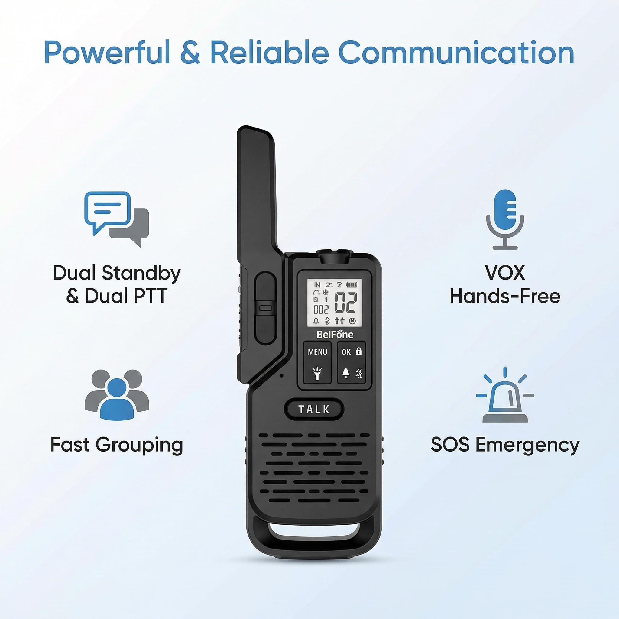 BelFone OG200 PMR446 Walkie Talkies (2 Pack) - Licence-Free Two-Way Radios (0.5W), 1800mAh Battery, Dual Standby, VOX & Built-in Torch for Business, Security, and Outdoor Use - 2