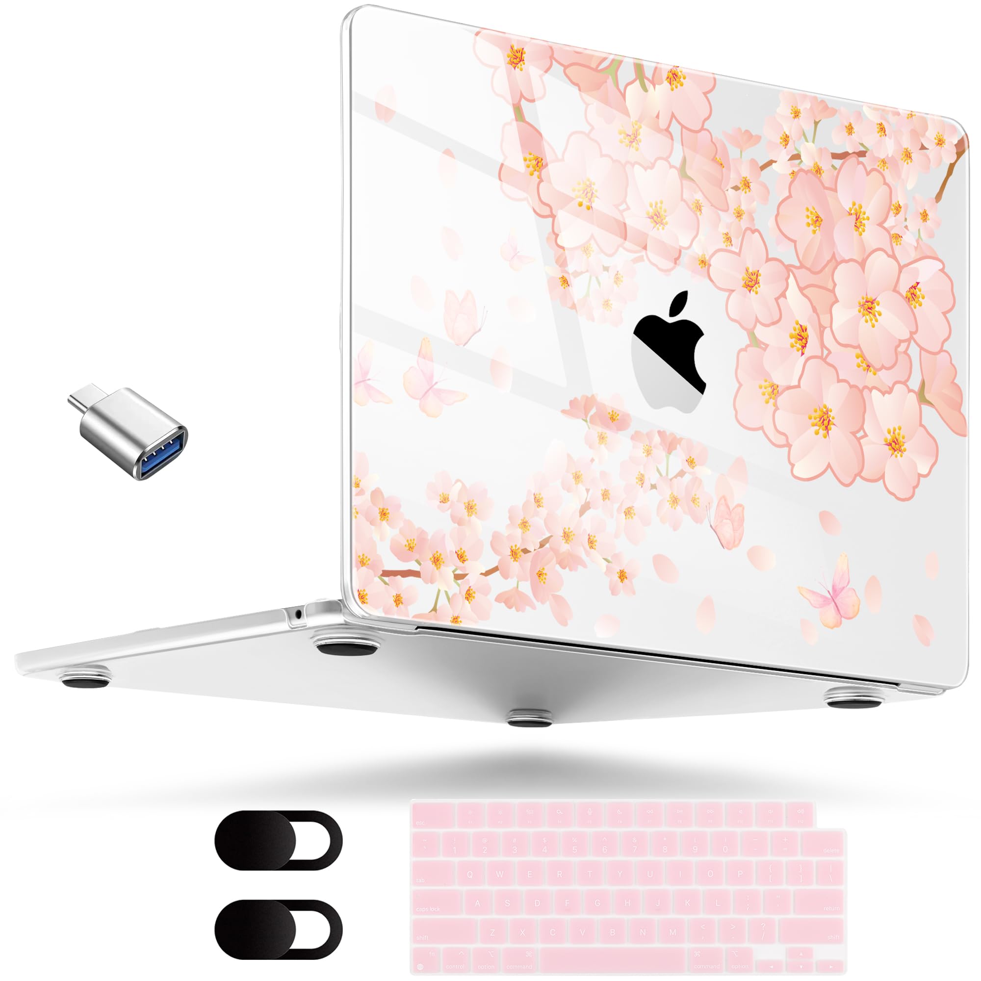 MEEgoodo for MacBook Air 15 inch Case (M4/M3/M2) 2025 2024 2023, Cover Fit Model(A3241/A3114/A2941) for 15.3-inch Laptop, Flexible Shell with Keyboard & Webcam Cover&OTG Adapter, Beautiful Cherry Tree