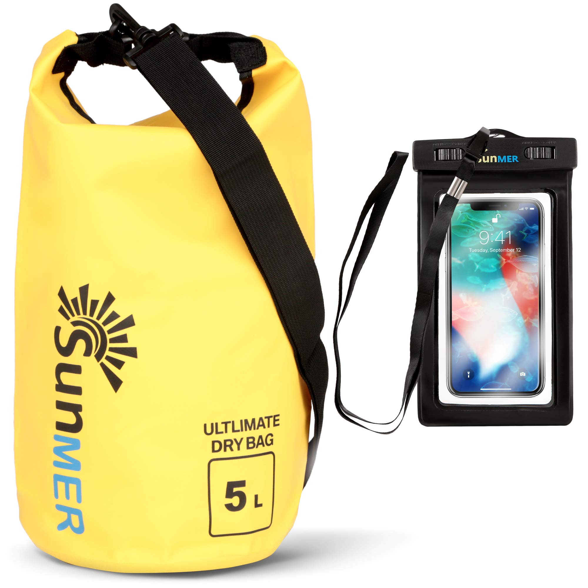 SUNMER 5L Yellow Waterproof Dry Bag With Waterproof Phone Case – IPX8 Rating Weather, Land or Sea - Great For Hiking, Fishing, Rafting, Kayaking, Swimming & Much More — image 1