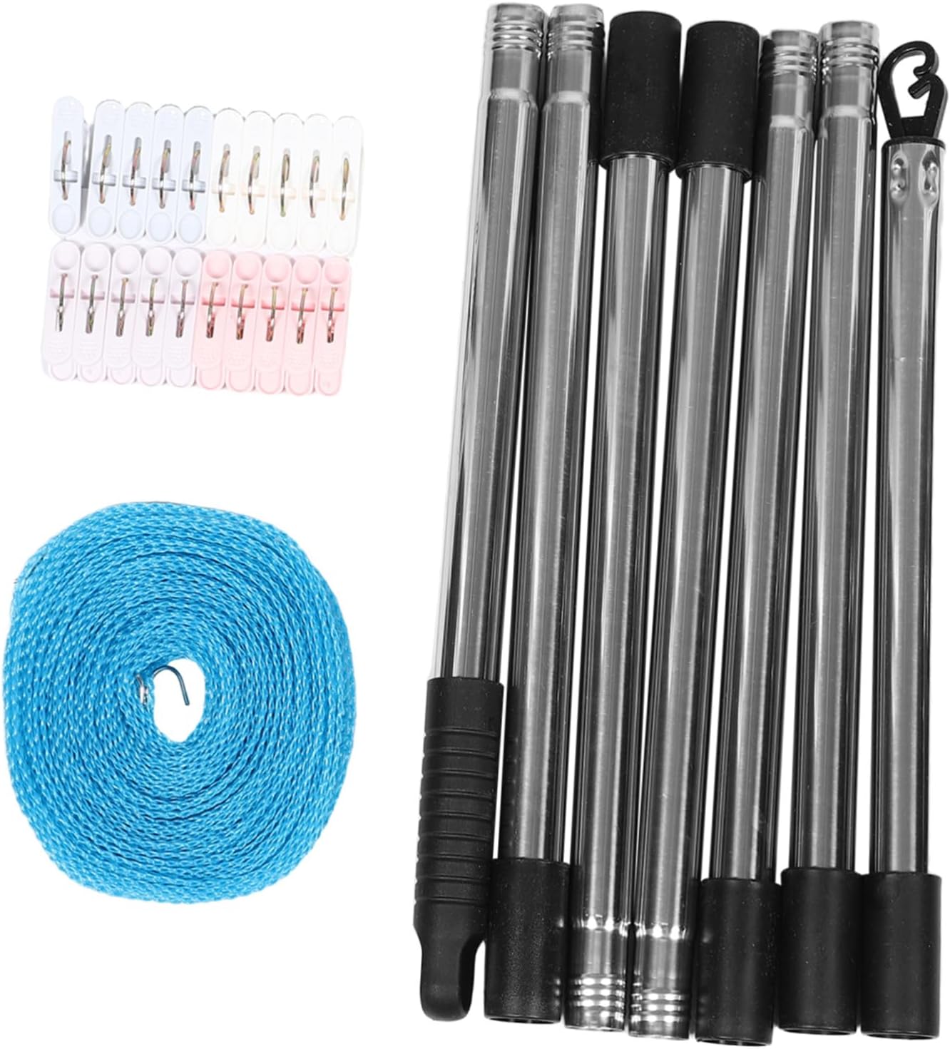 Kichvoe Outdoor Clothesline Set with Nylon Drying Rope and Telescopic Support Pole, 2.5m Laundry Line with Clips for Backyard, Camping, and Travel