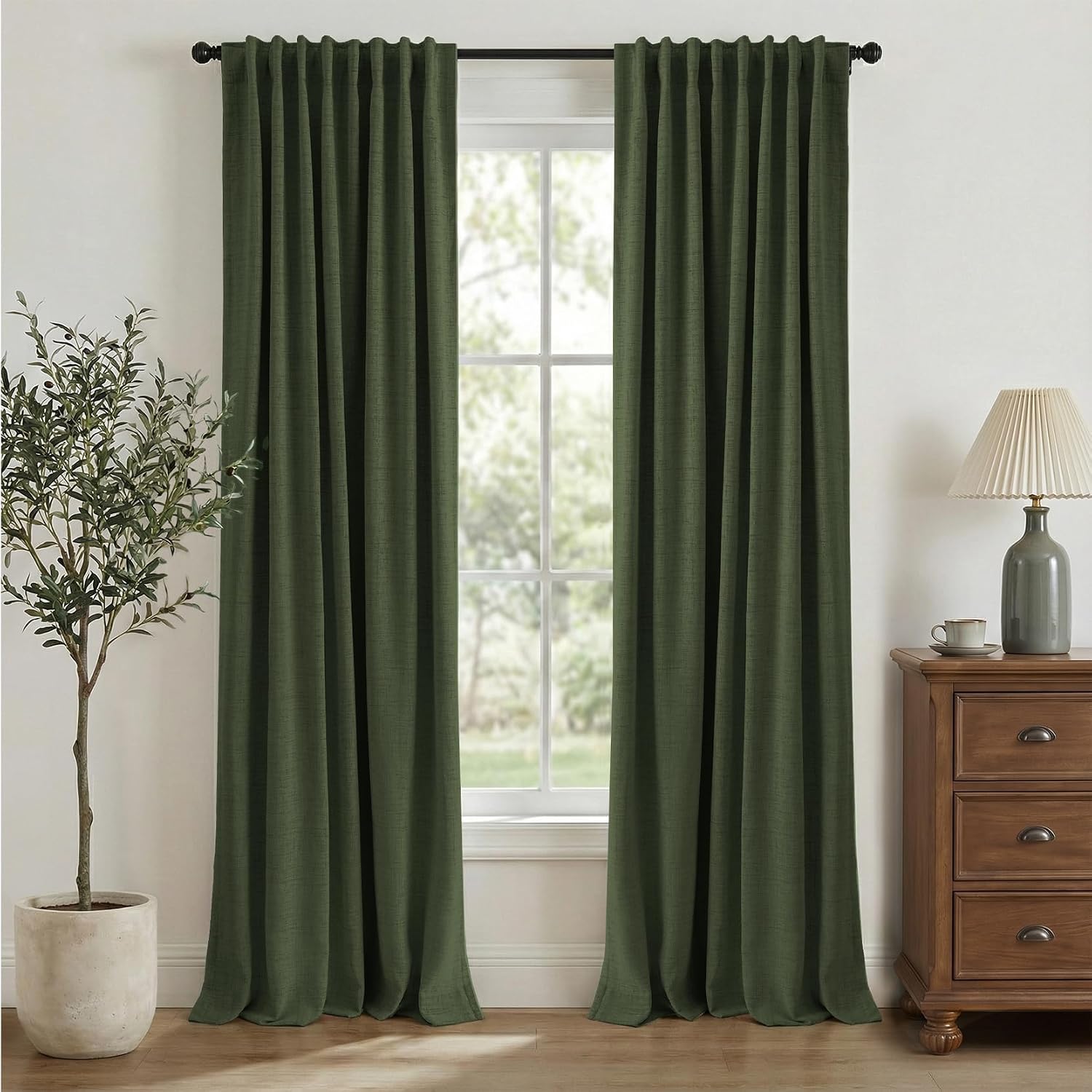  100% Blackout Curtains 84 Inches Length 2 Panels Set, Back Tab/Rod Pocket Linen Black Out Curtains for Bedroom, Thermal Insulated Window Drapes - Loden Green, W50 X L84