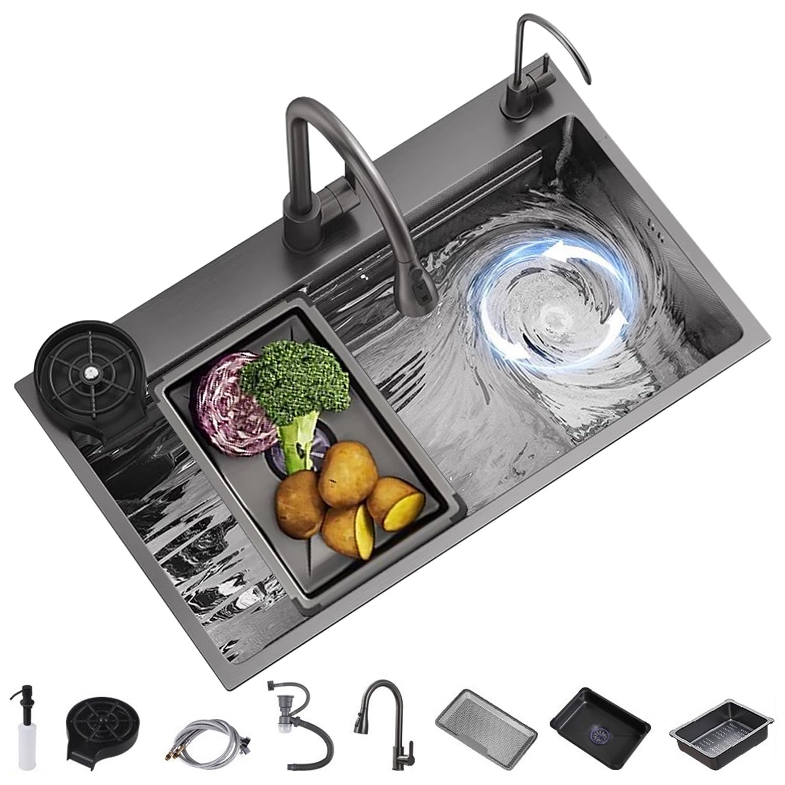 Spülbecken Schwarz Granit 68 x 45 cm, Spüle Küche Küchenspüle, Große Einbauspüle Granitspüle mit Armatur, Waschbecken Küche Edelstahl Spüle Kitchen Sink, Einzelbecken für Bar, Balkon, Küche