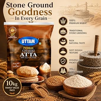 Uttam Chakki Atta 10kg (Pack of 1) – Whole Wheat Flour | Stone Ground Atta for Roti, Chapati & Paratha | Indian Wheat Flour | Vegetarian Pantry Staple