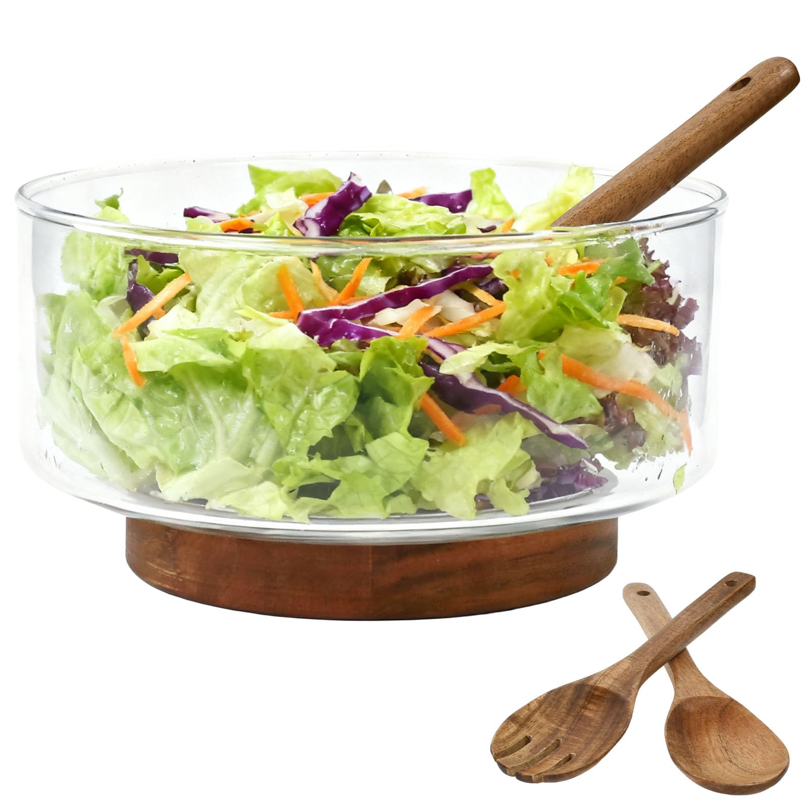 Saladier en Verre avec 2 Pince à Salade en Bois, Grand Saladier de 3,7 L Saladiers en Verre avec Base en Bois, Plat de Service Transparent Polyvalent Bol en Verre pour Salade Fruits Pâtes