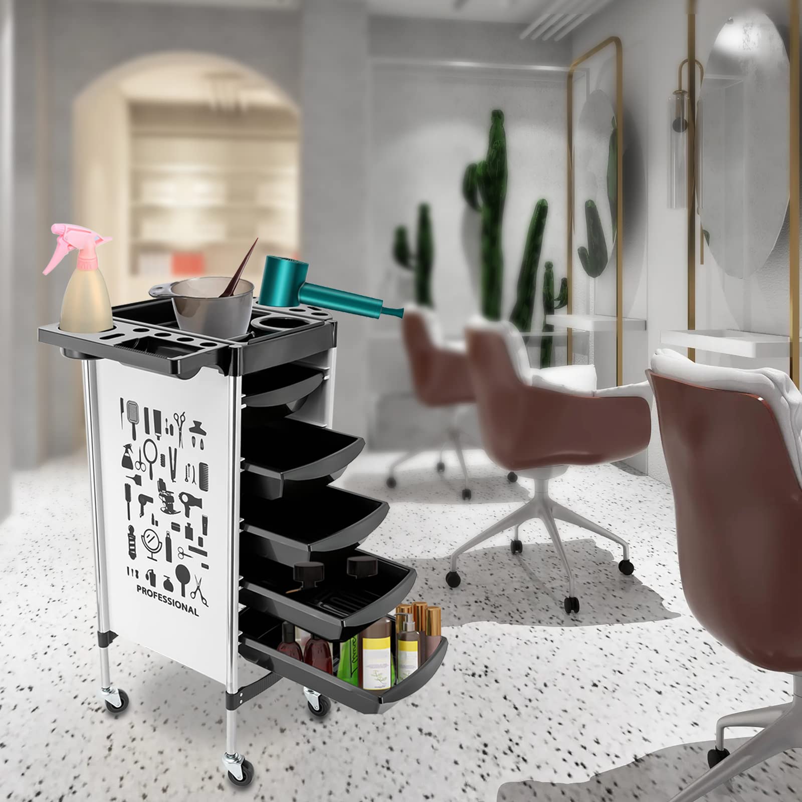 Carrello da parrucchiere a 6 ripiani, con ruote, porta asciugacapelli, 5 cassetti, pieghevole, per parrucchiere, carrello, per acconciature, 52 x 36 x 90 cm, bianco