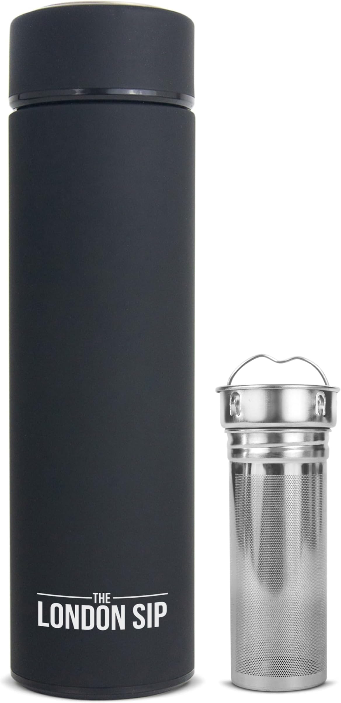 Here & Now Tea Infuser Bottle | Water Bottle With Tea Infuser Set | Stainless Steel Tea Infuser Travel Mug | Double Walled Tea Bottle | Loose Leaf Tea Infusers | Tea Bottle With Infusers (Zen Black)