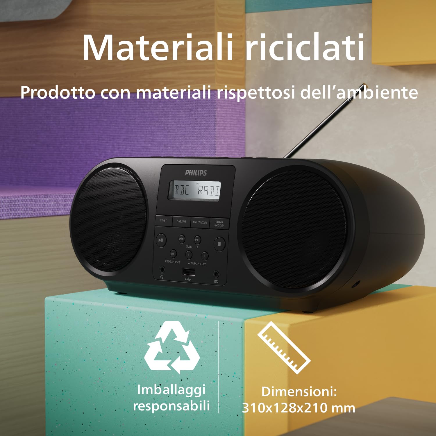 Philips TAZ6000 Lettore CD tutto in uno con radio DAB+/ FM, Bluetooth 5.4, USB, batteria/CA