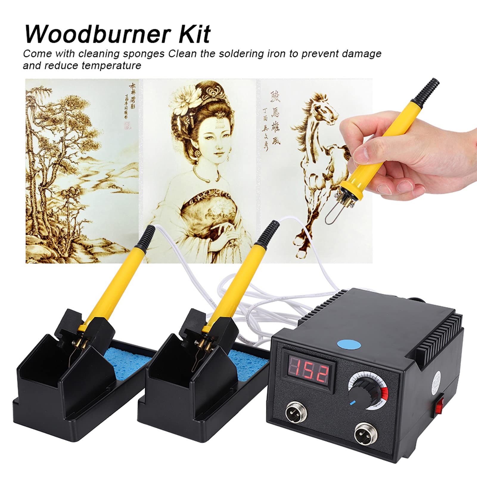 Kit de quema de madera de doble pluma Pantalla digital de temperatura ajustable Kit de pluma de pirograbado profesional con 30 puntas de alambre, máquina de artesanía ardiente para madera(EU)