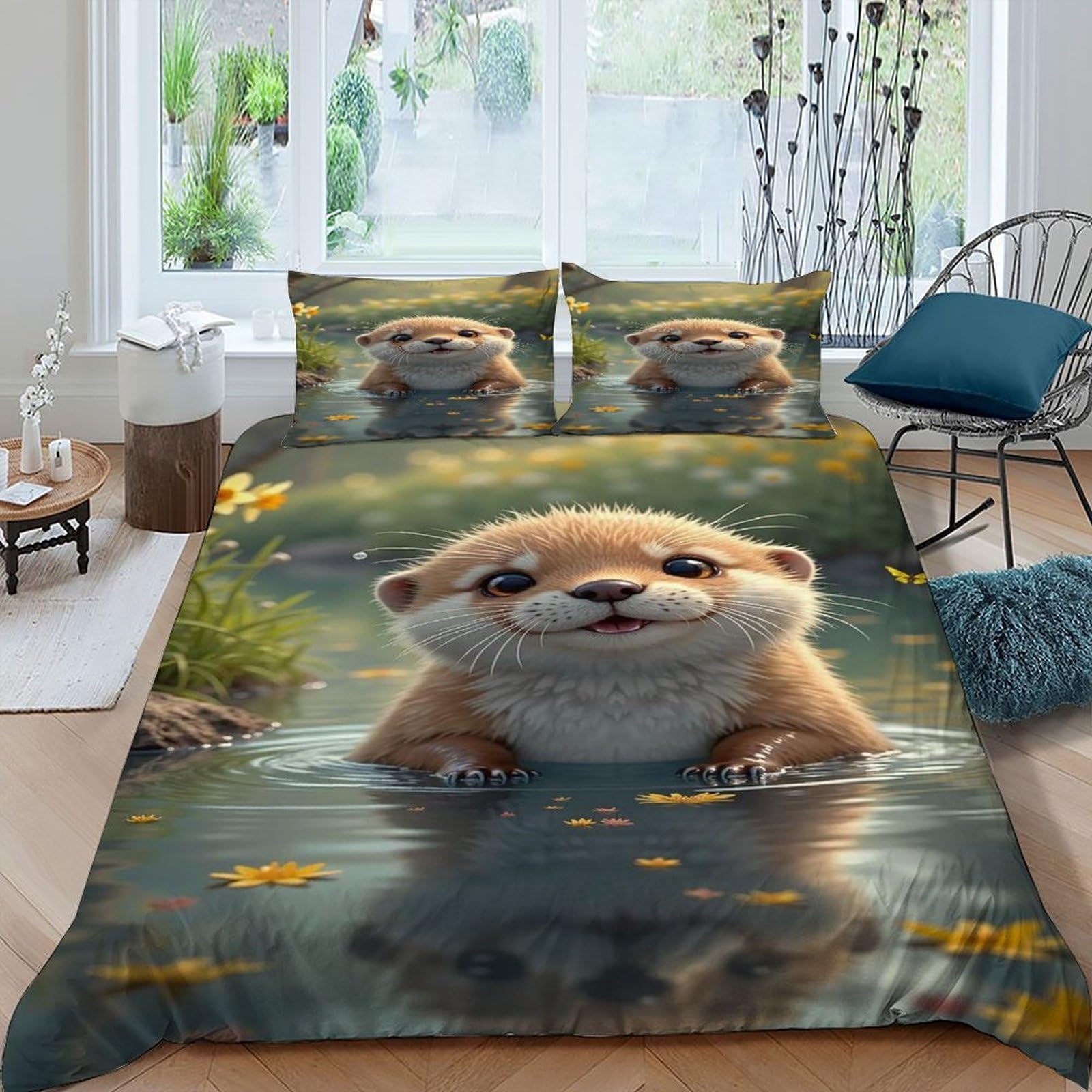 Otter Water Bedding Set 3D Design Animal Themes Marine Animals Duvet Cover Set Chic Breathable Comforter Cover Suitable for Family, Couple, Children with Pillow King（220x240cm）