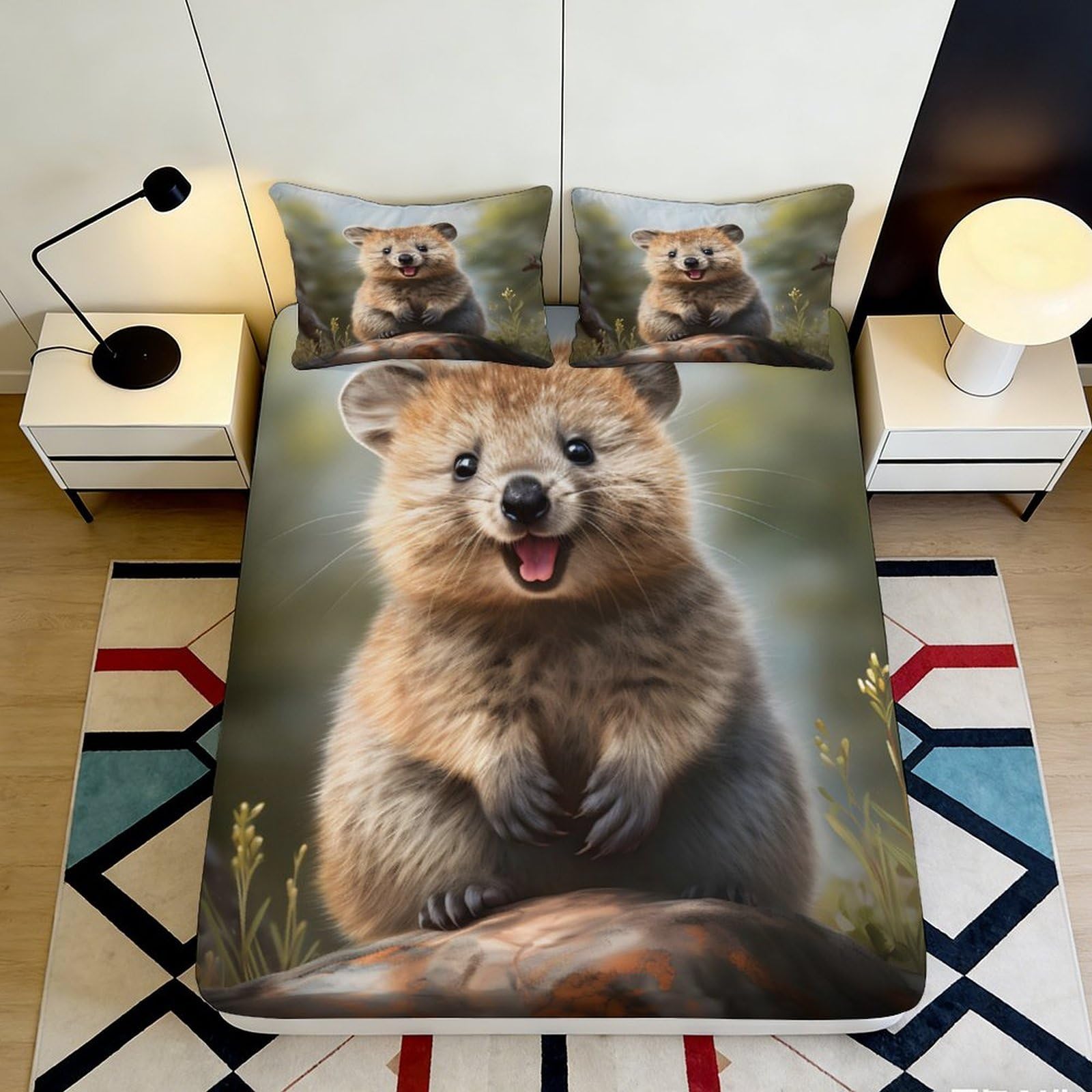 3D Printed Quokka Animal Fitted Sheet Microfiber Soft Bed Cover Cute Wildlife Bedroom Decor for Home Guestroom 90x200x25cm