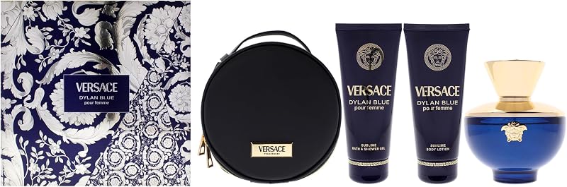 Dylan Blue by Versace for Women - 4 Pc Gift Set*3.4 oz each, EDP Spray, Body Lotion, Shower Gel, Beauty Case