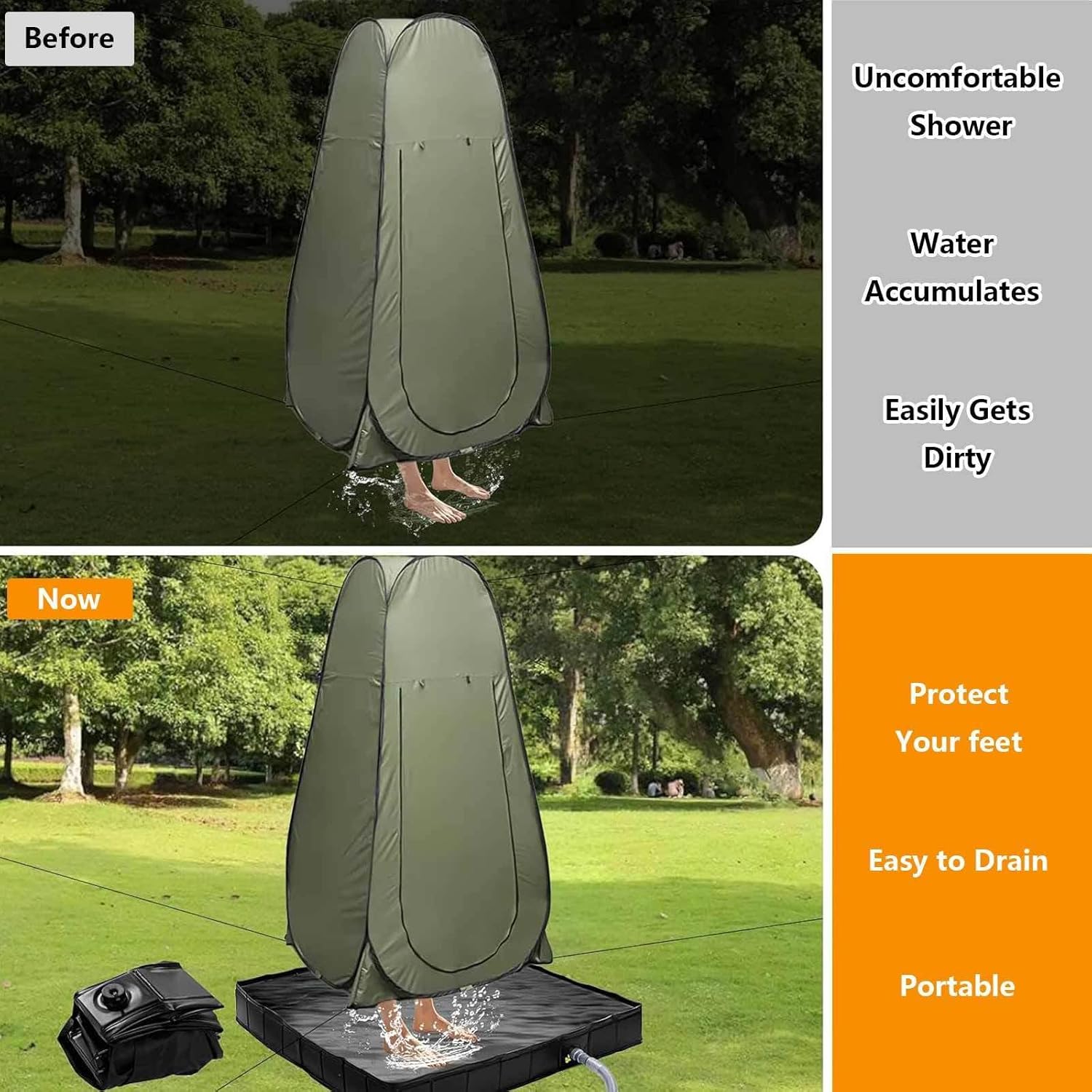 Portable Shower Pan with Drain Hose, with Drain Pipe Small Shower Pan, Collapsible Rv Shower Pan and Walls for Camping Beach Outdoor Shower