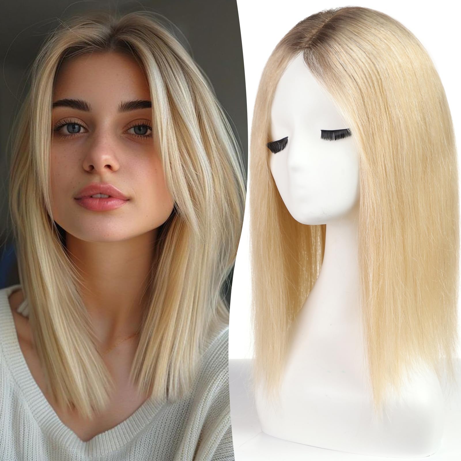 Topart 9"×9" Human Hair Toppers 16 inches for Women,100% Remy Human Hair with Multiple Non-slip Clips and Large-area Base,150% Density Top Hairpieces