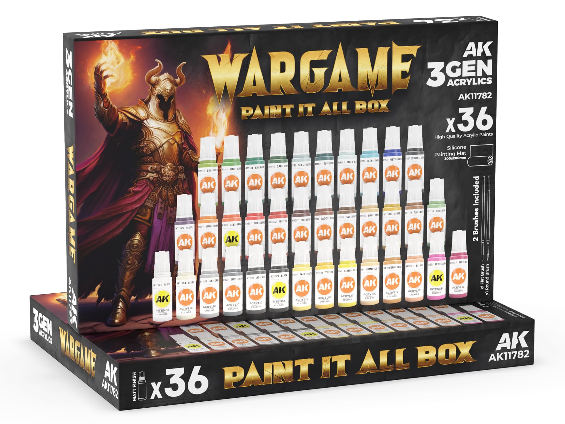 AK Acrylics 3Gen SET AK11782 WARGAME PAINT IT ALL BOX (36x17ml) + 2x brush + mat