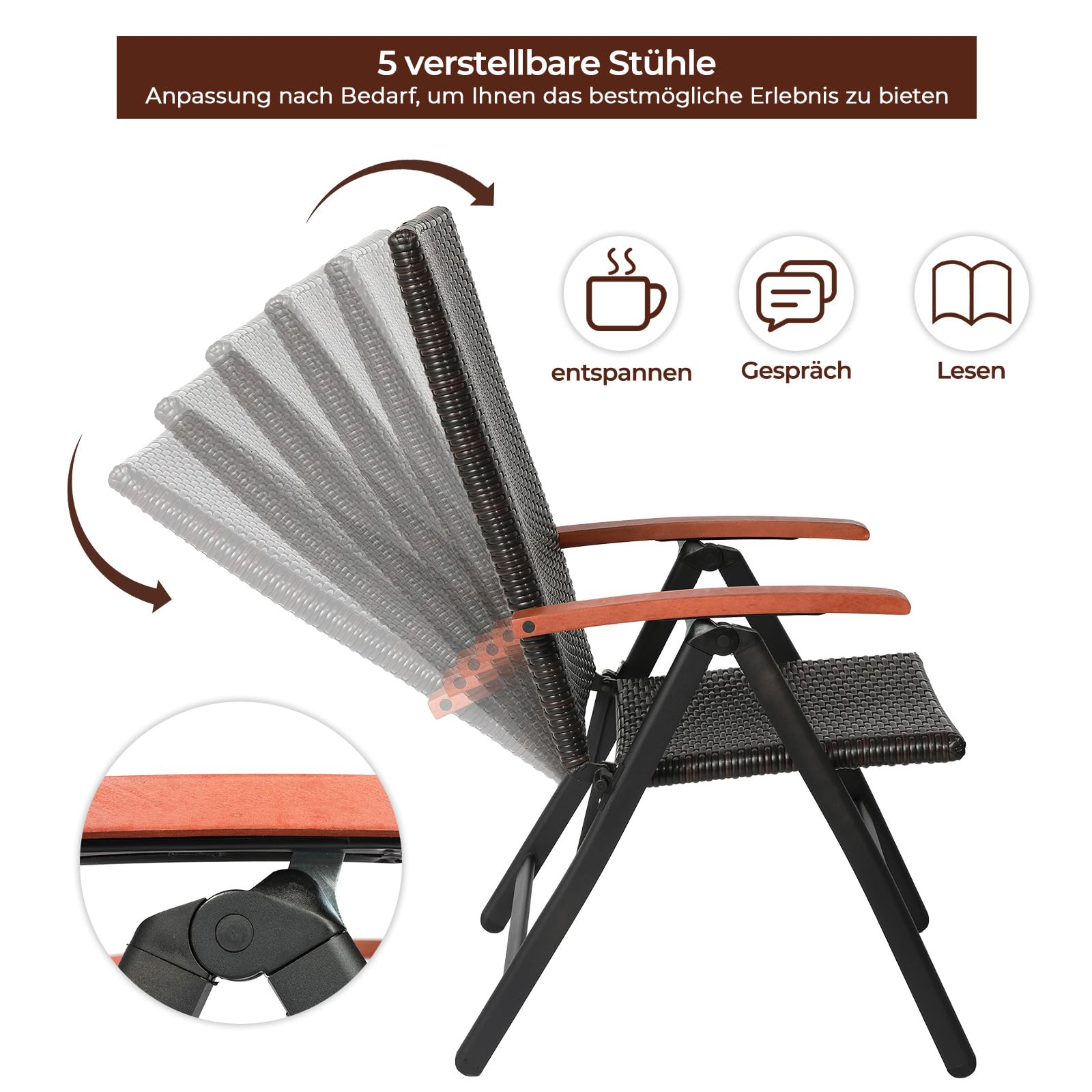 MAMIZO Krzesło składane rattanowe, 5-stopniowa regulacja, aluminiowe krzesło ogrodowe z podłokietnikami, do ogrodu, na kemping, basen, balkon (55,5 cm x 67,5 cm x 209 cm)