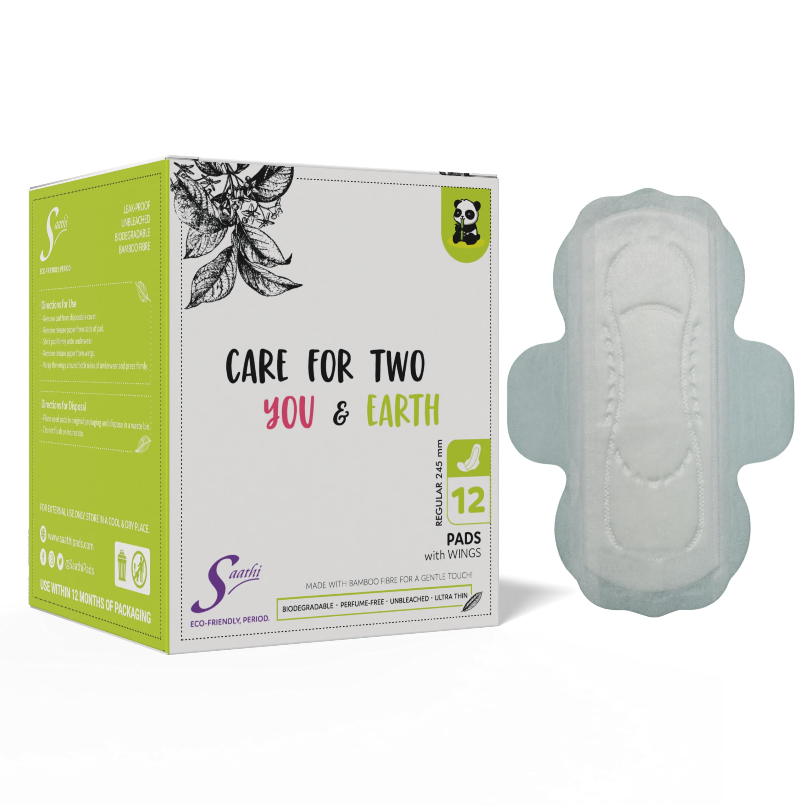 Saathi Regular (245 mm) Certified Organic Bamboo Biodegradable Sanitary Pads with Wings for Regular Flow & Rash-Free Periods - 12 Pads, Eco-Friendly, Natural & Compostable Napkins for Women