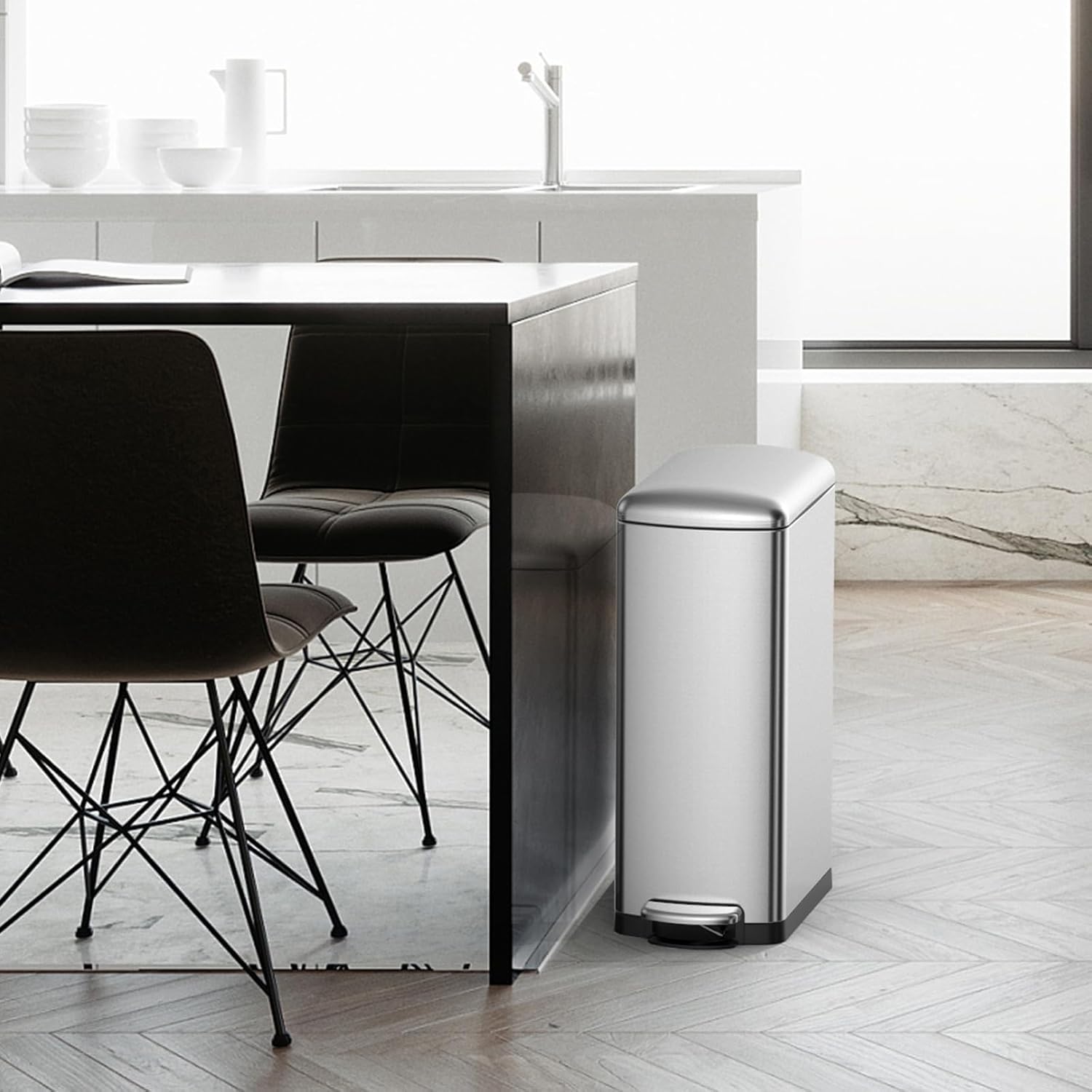 8 Gallon Slim Kitchen Trash Can, Stainless Steel Garbage Can with Inner Wastebasket, Soft-Close Lid Step Rubbish Bin for Narrow Spaces, Ideal for Office, Bathroom, Kitchen