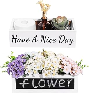 Lewondr Bathroom Decor Box, with Graffiti Board 2 Sides Handles Wood Toilet Tank Top Storage Tray, Vintage Wooden Organize...