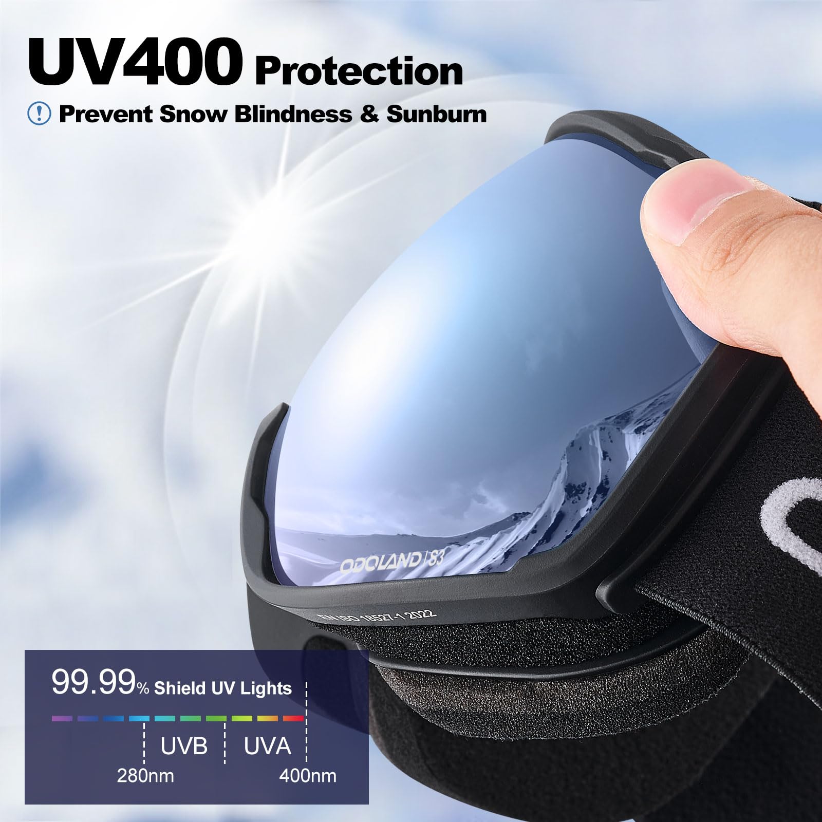 Odoland Lunettes de Ski Masque de Snowboard pour Homme & Femme Anti-UV400, Anti-Buée, Coupe-Vent, Lunettes de Protection avec Grande Lentille OTG Sphérique