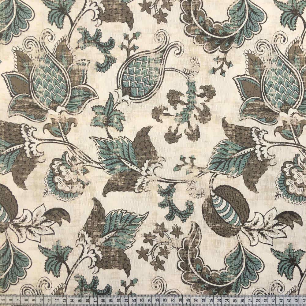 Kt KILOtela - Tela de loneta estampada digital - Retal de 300 cm largo x 280 cm ancho | Flores indianas - Marrón, verde ─ 3 metros