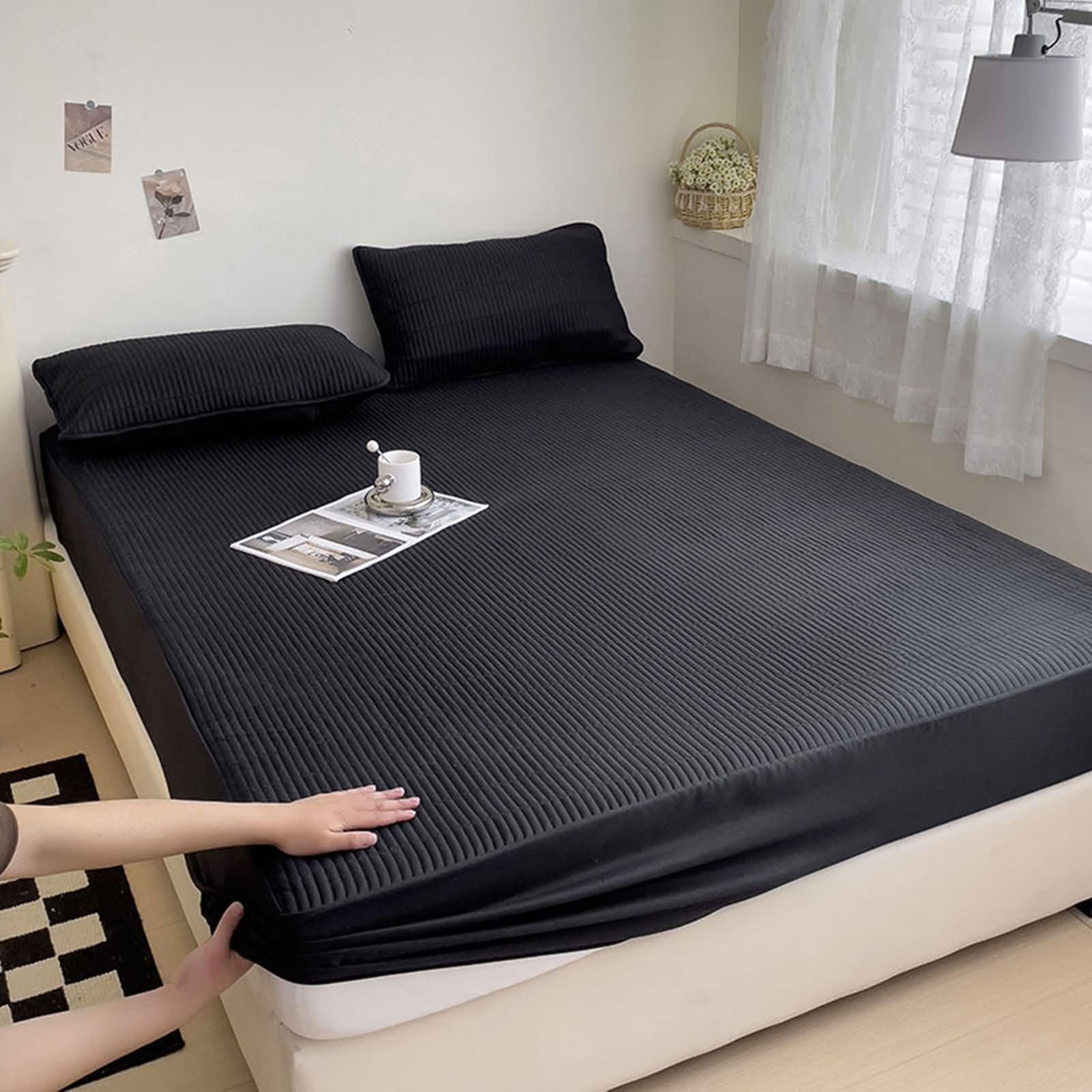 Set 3teilig Elastisches Spannbettlaken aus Baumwolle für Boxspringbett, Einfarbig, 120 x 200 cm + 2 Kissenbezüge, Spannbetttuch Schwarz