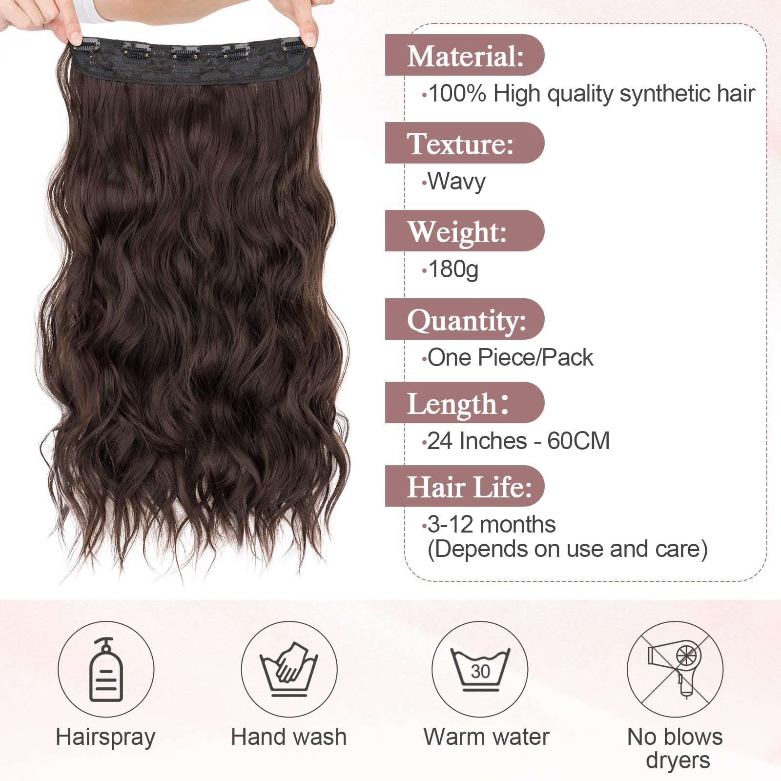 SEGO 3/4 Full Head Clip in Hair Extensions Long Wavy Synthetic Hairpiece 20 Inch One Piece Clip In Hairpiece With 5 Secure Clips - Image 3