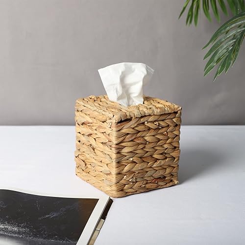 Miniatura 2 de YRMT - Funda para caja de pañuelos de jacinto de agua, tejido de mimbre, cuadrado, para decoración de servilletas, organizador para encimera de 5 x