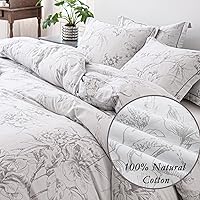 Vista 3 de 100% Natural Cotton 3pcs Floral Duvet Cover Sets-Grayish White Duvet Cover with Gray Luxurious Flowers & Branches Pattern,Botanical Comforter Cover