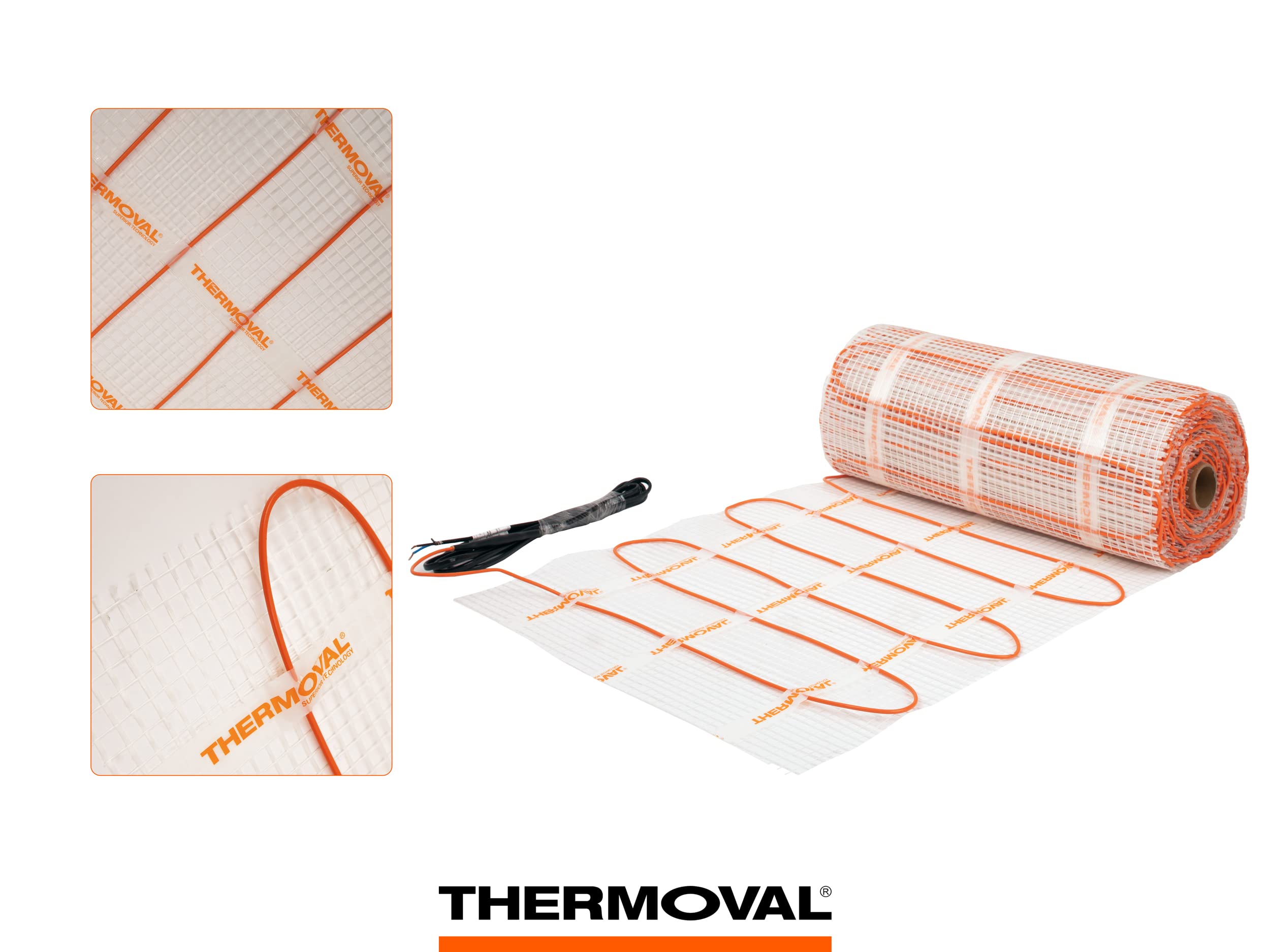 Thermoval Mata grzewcza do elektrycznego ogrzewania podłogowego, TV TO 50, 170 W/m², 5,0 m², 850 W, jednostronne połączenie, do płytek, z dwużyłowym kablem grzewczym i kablem sieciowym o długości 3 m