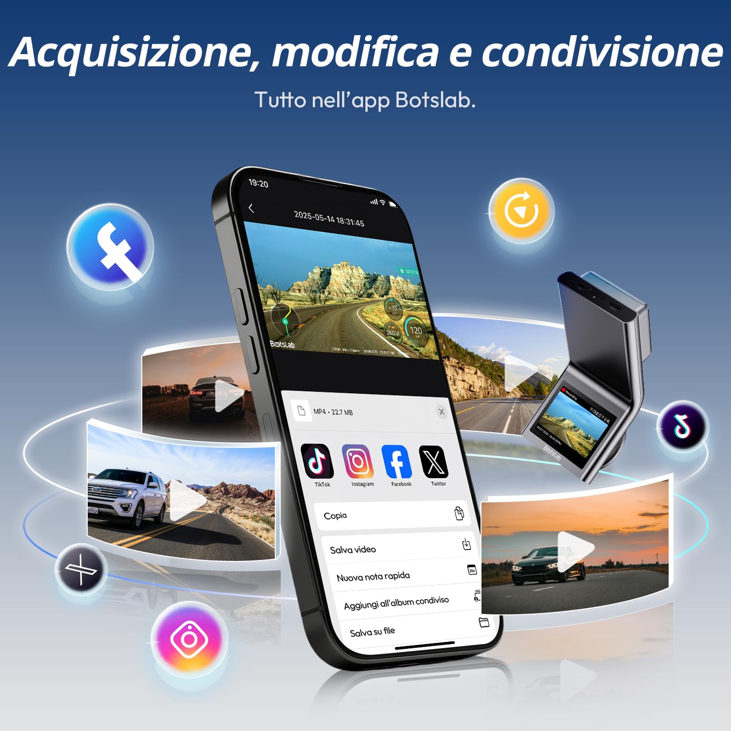BOTSLAB Dash Cam 4K+1080PFronte Retro Dashcam con Scheda SD 64GB, Dashcam STARVIS 2,WiFi 5G,GPS,WDR Grandangolare a 170, Visione Notturna, WDR,Sensore G, Modalità Parcheggio 24H, Registrazione in Loop