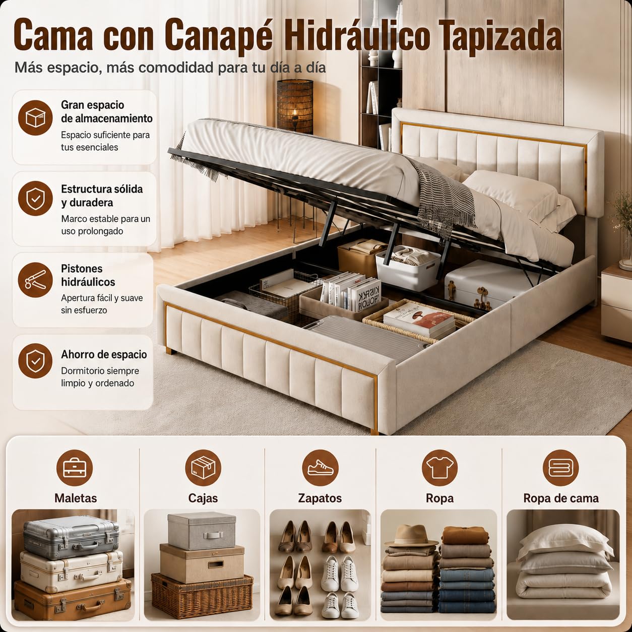 Letto matrimoniale 140x200, letto imbottito con vano contenitore, rete a doghe, struttura idraulica, dettagli dorati verticali, design elegante, beige (140x200 cm)