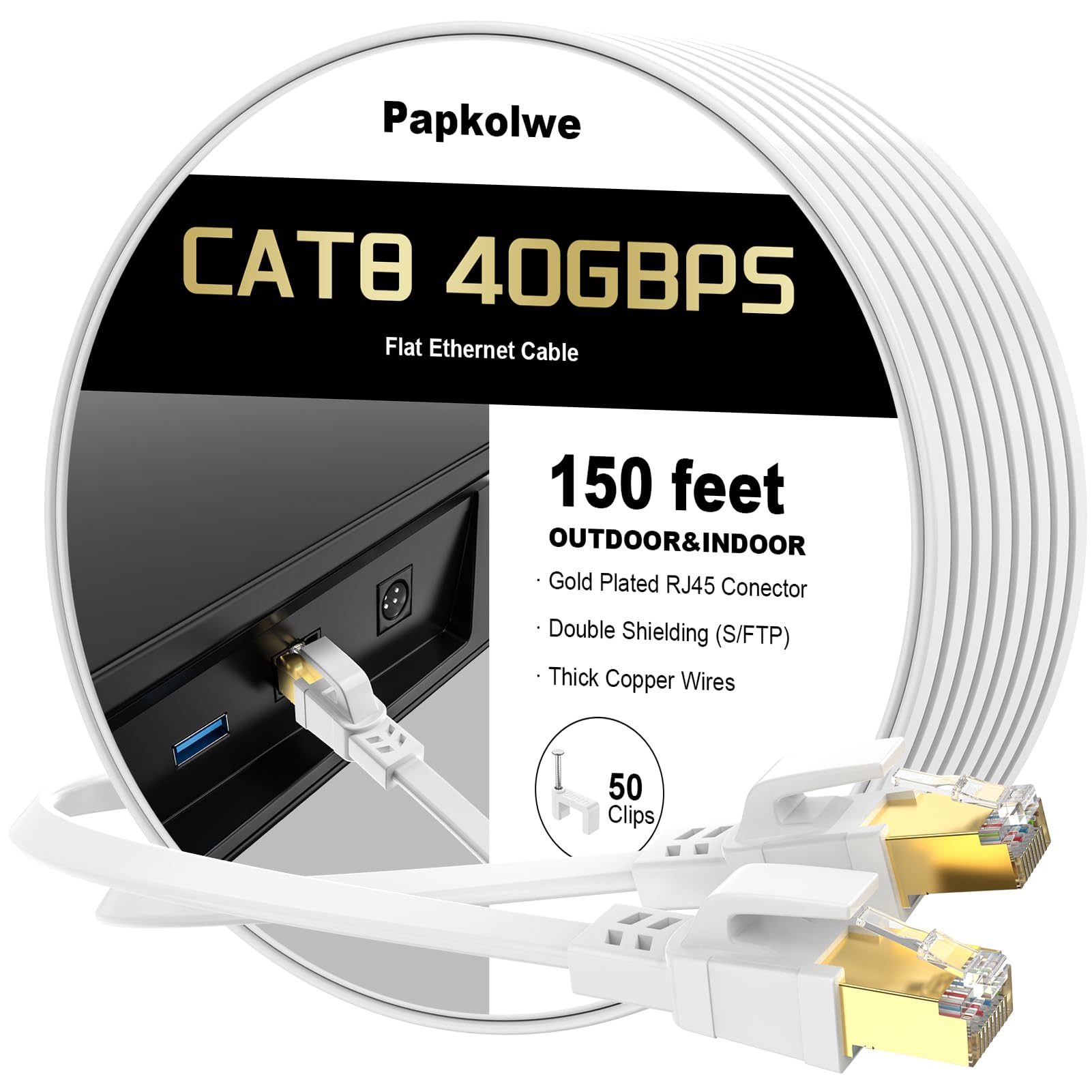 Cavo Ethernet Cat 8 da 45,7 m, cavo di rete LAN Cat8 ad alta velocità, 40 Gbps 2000 MHz, RJ45, piatto, resistente alle intemperie, S/FTP, resistente ai raggi UV, per gaming/router/modem, per esterni e