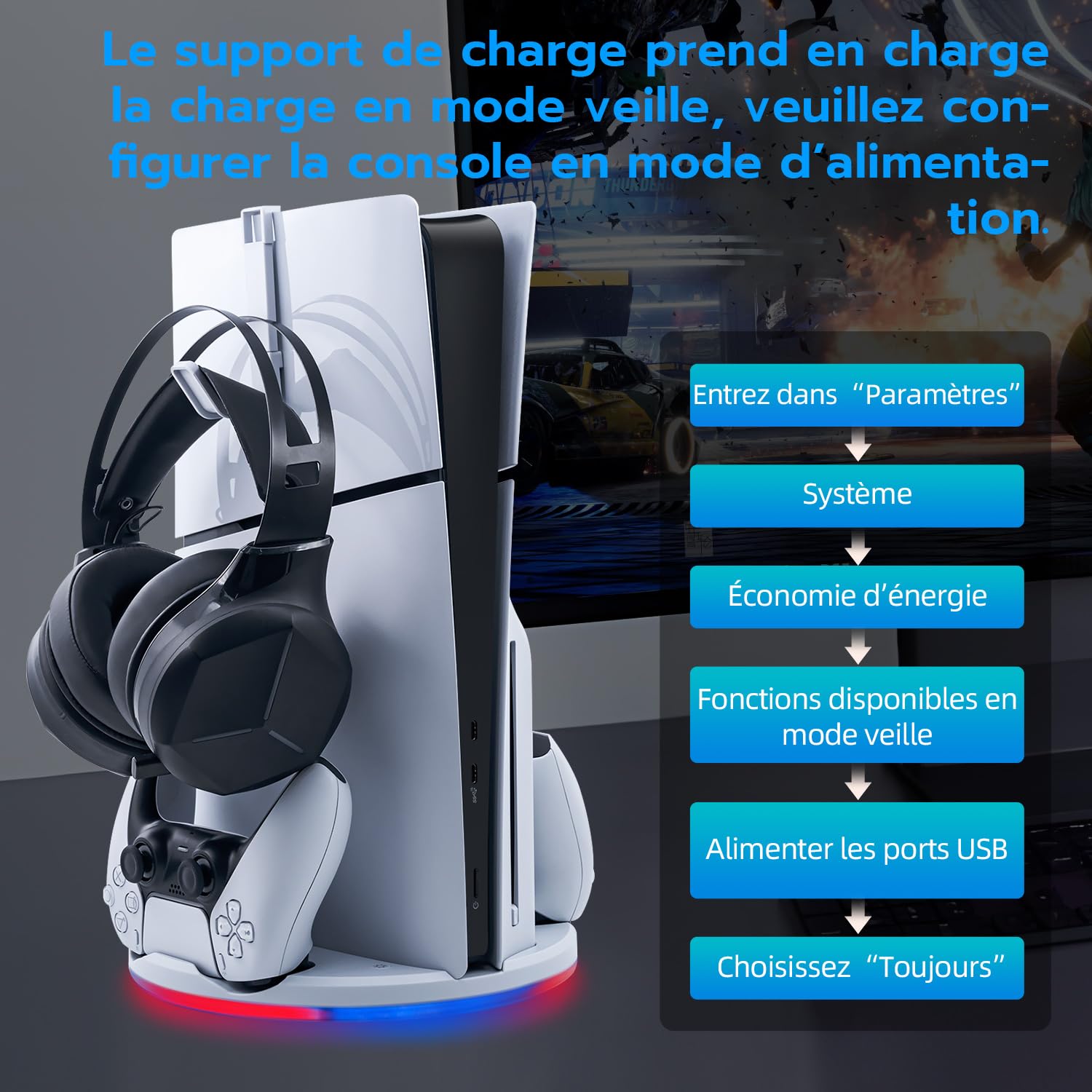 Wigearss Support Vertical pour PS5 Slim, Station de Charge Rapide pour Deux Manettes avec Crochet Casque et Lumière LED, Compatible avec la Console PS5 Slim DE/UHD(Pas pour PS5/Pro)