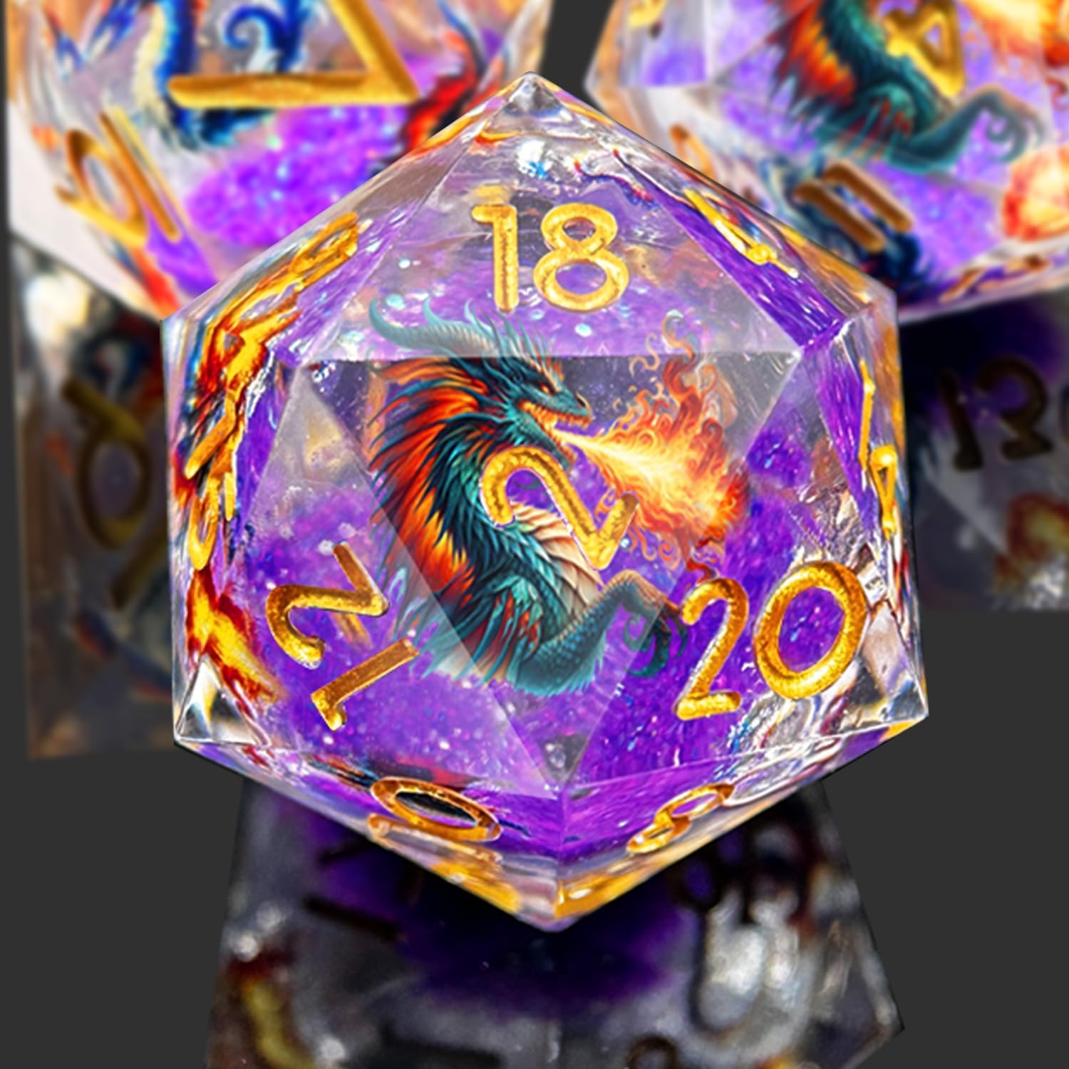 DND Dragon Resin Dice Set 7 Pcs Polyhedral Dice/Transparent Resin Dice with Embedded Dragon Phoenix Art, Premium Tabletop Game Dice for TTRPG, Pathfinder, MTG (Purple & Gold)