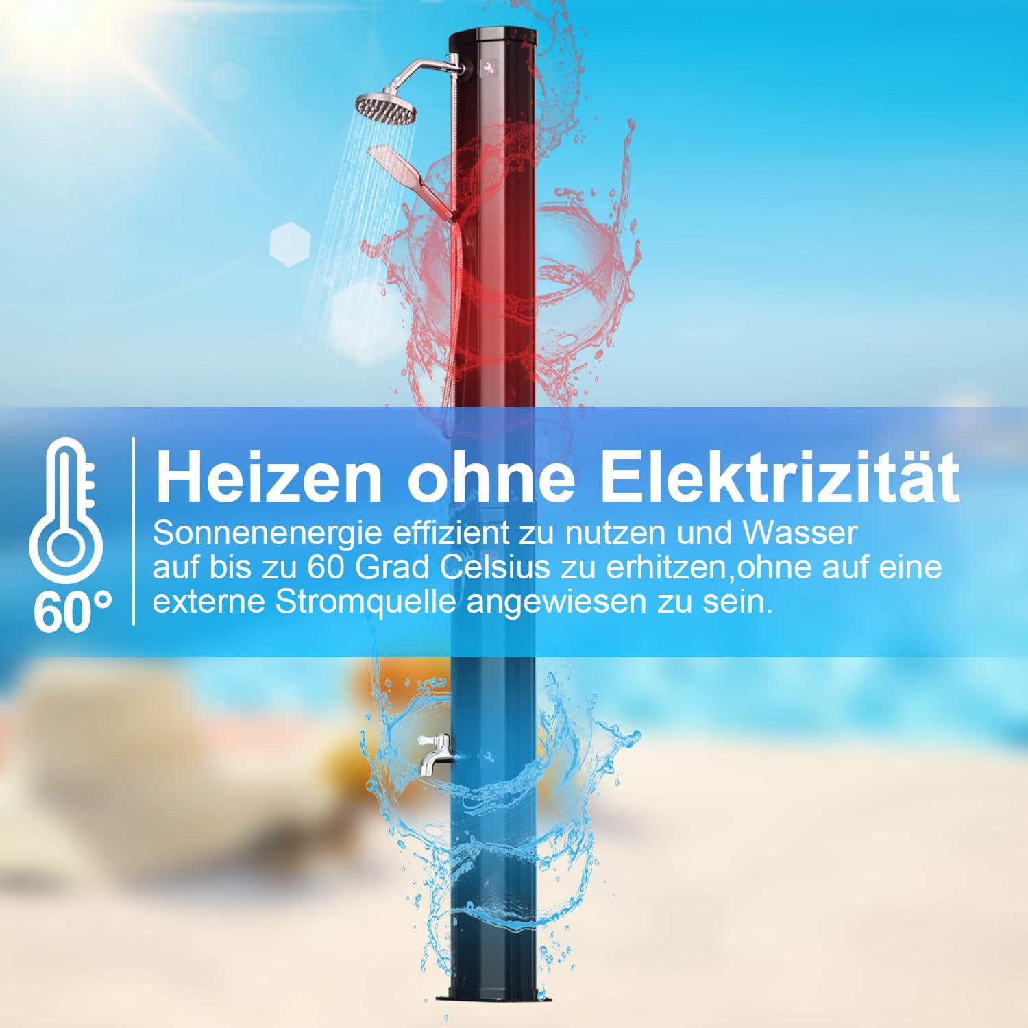 Solardusche 40 Liter Solar Gartendusche Inkl Schutzhaube und handbrause, schwenkbarer Duschkopf um 180°, integrierte Fußdusche, max. 60°C Sommerdusche für ein erfrischendes Duscherlebnis