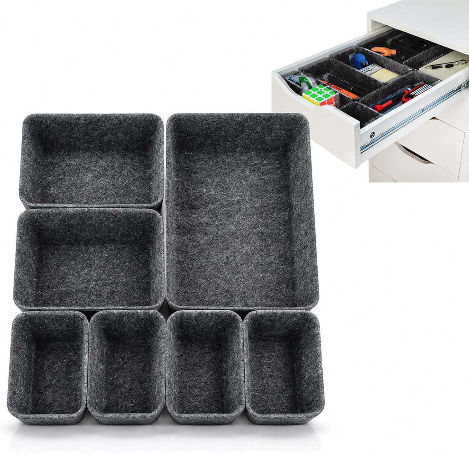 7 Pack Drawer Organizer Compatible with Ikea Alex Drawer Unit, Felt Desk and Makeup Drawer Organizers, Soft Storage Bins for Office, Vanity, Bedroom, and Dresser Shallow Drawers