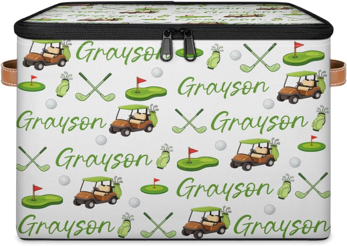 Personalized Storage Basket with Name, Custom Decorative Storage Boxes with Lids, Fabric Memory Box Keepsakes Customized Golf Gifts for Men Women