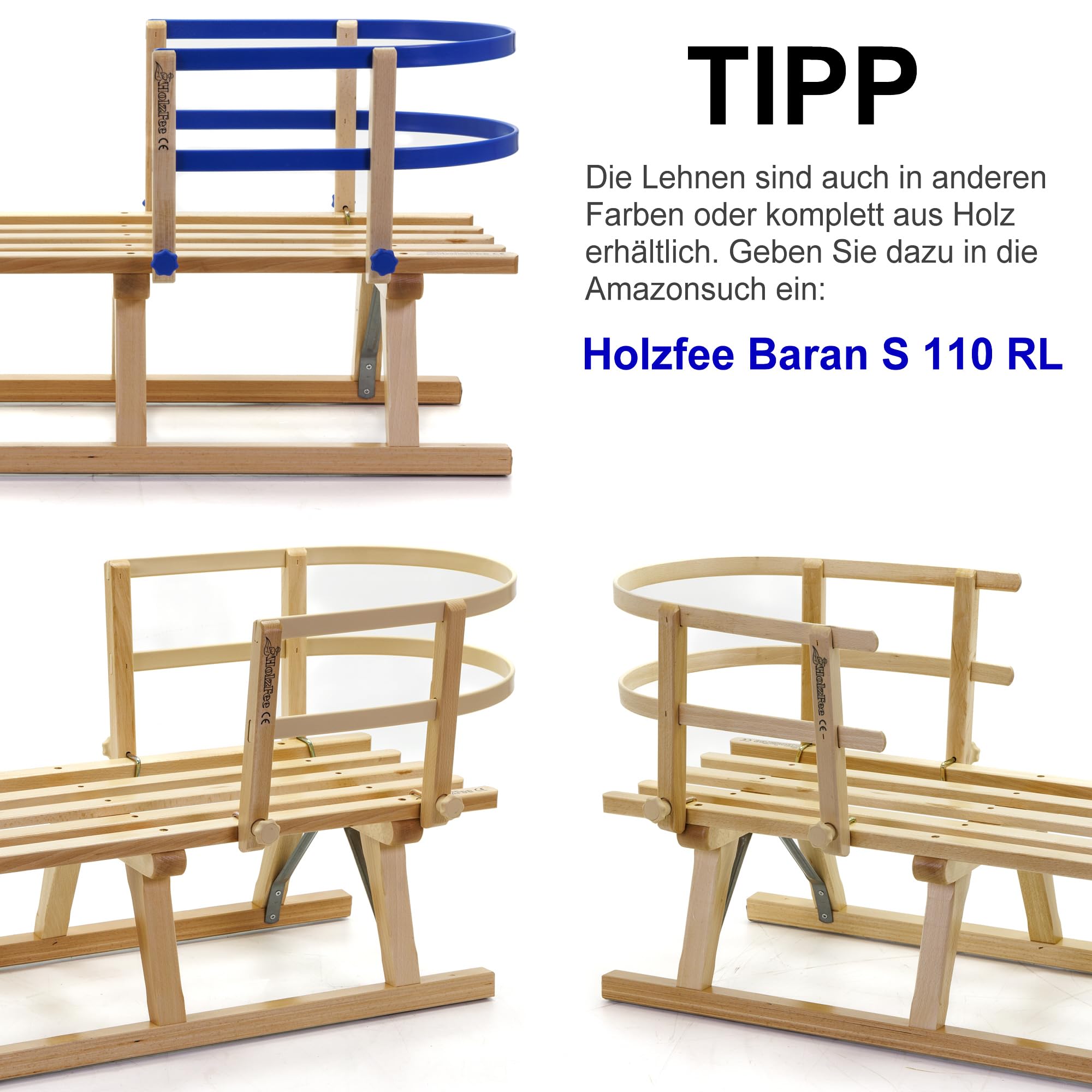 Hörnerschlitten mit Lehne + Zugleine | Baran S 110 RL | Hörnerrodel Schlitten Holz