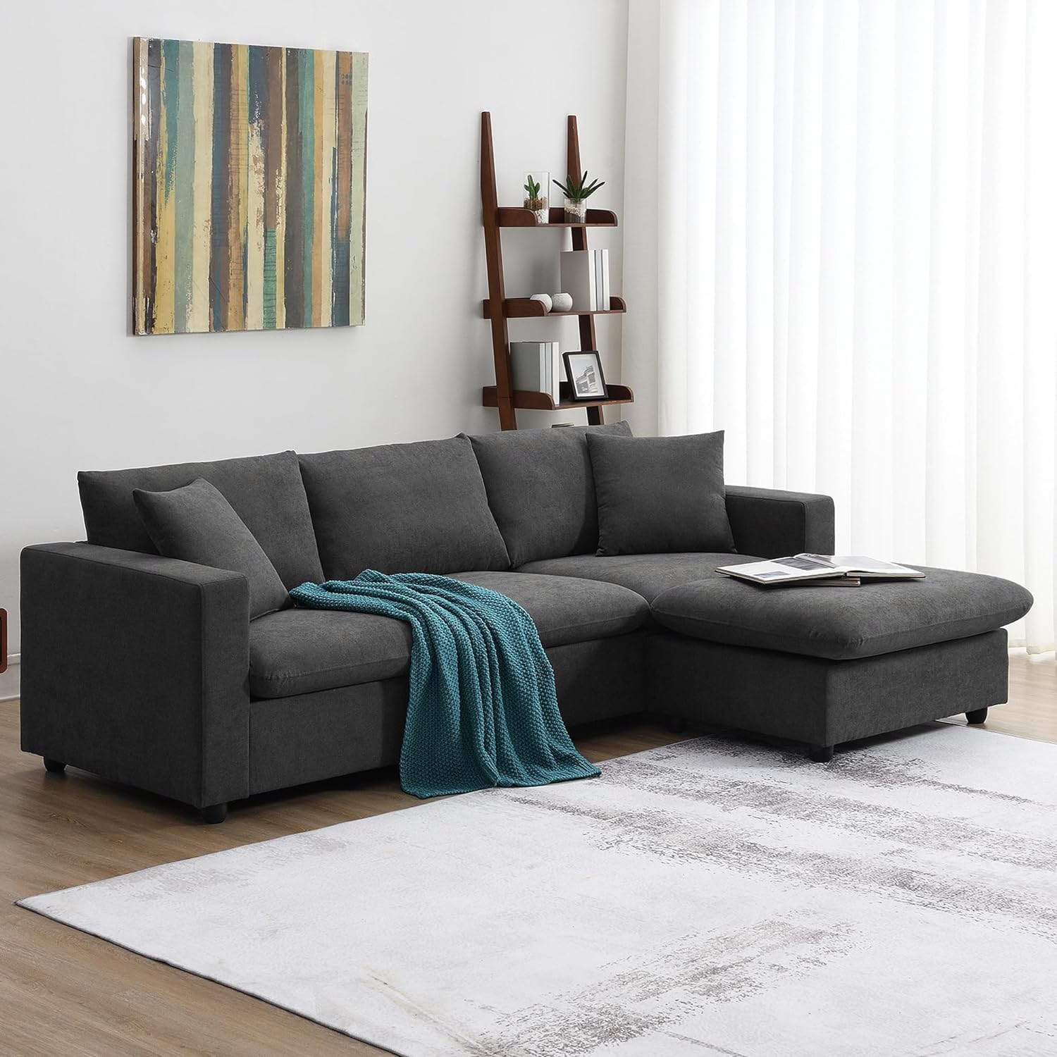 100.4" Modern Sectional Sofa Couch 3-Seat Sofa Couch with Ottoman for Living Room L-Shape Sofa Couch, Upholstered Sofa with 2 Pillows Fabric Couch Set for Apartment Office Dark Grey
