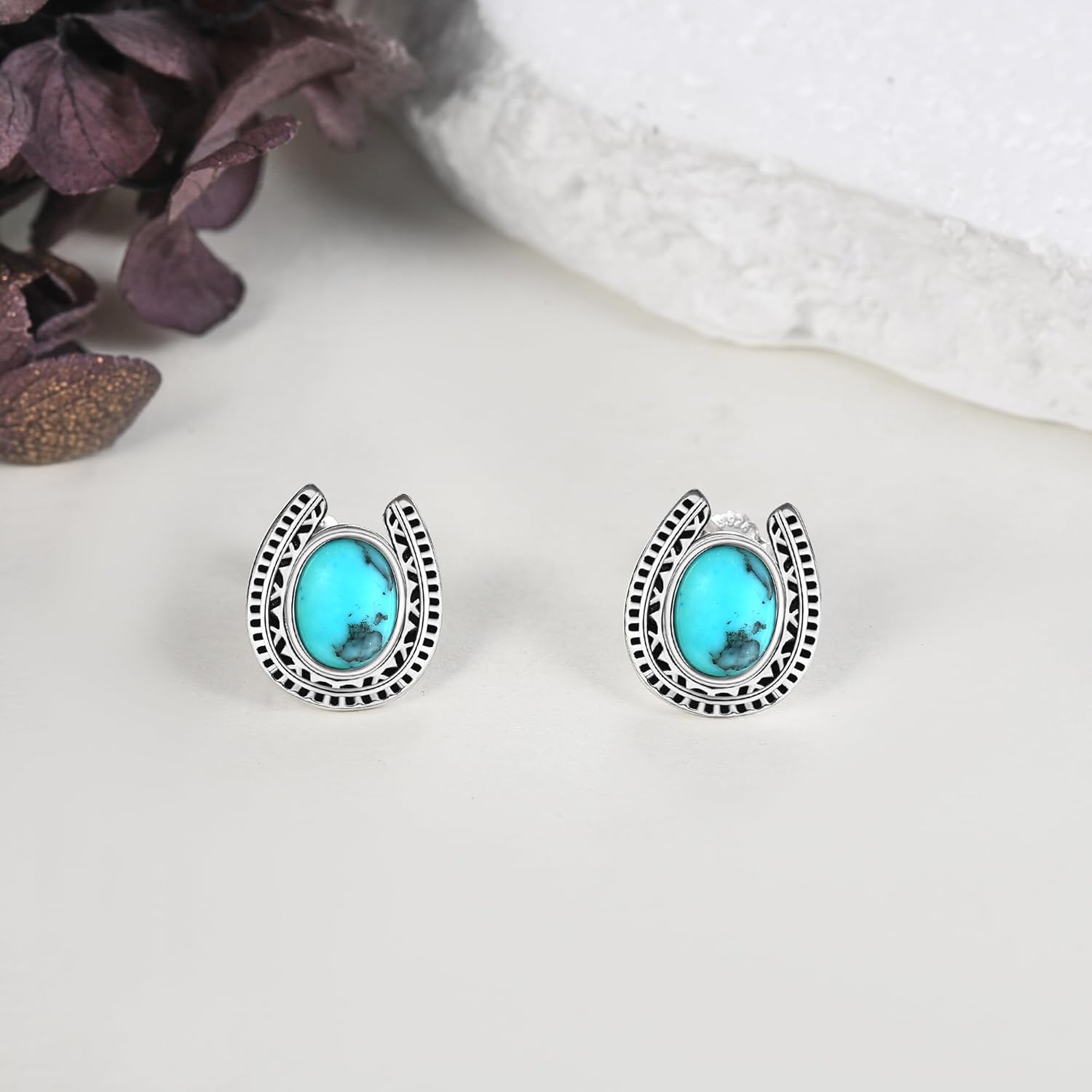 Turquoise Horseshoe Earrings Sterling Silver Western Horseshoe Stud Earrings Horse Jewelry Gifts for Women Horse Lovers - Image 3