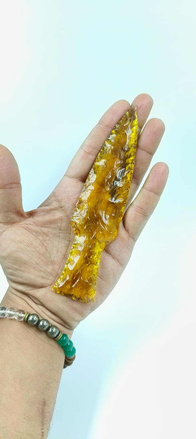 Large Yellow Citrine Glass Sword Citrine Kni-fe Man Handmade Kn-ife Gemstone Kni-ves Hand Knapped Yellow Citrine Blades Quality Crystal Kni-fe 5.5" to 6"Inches.