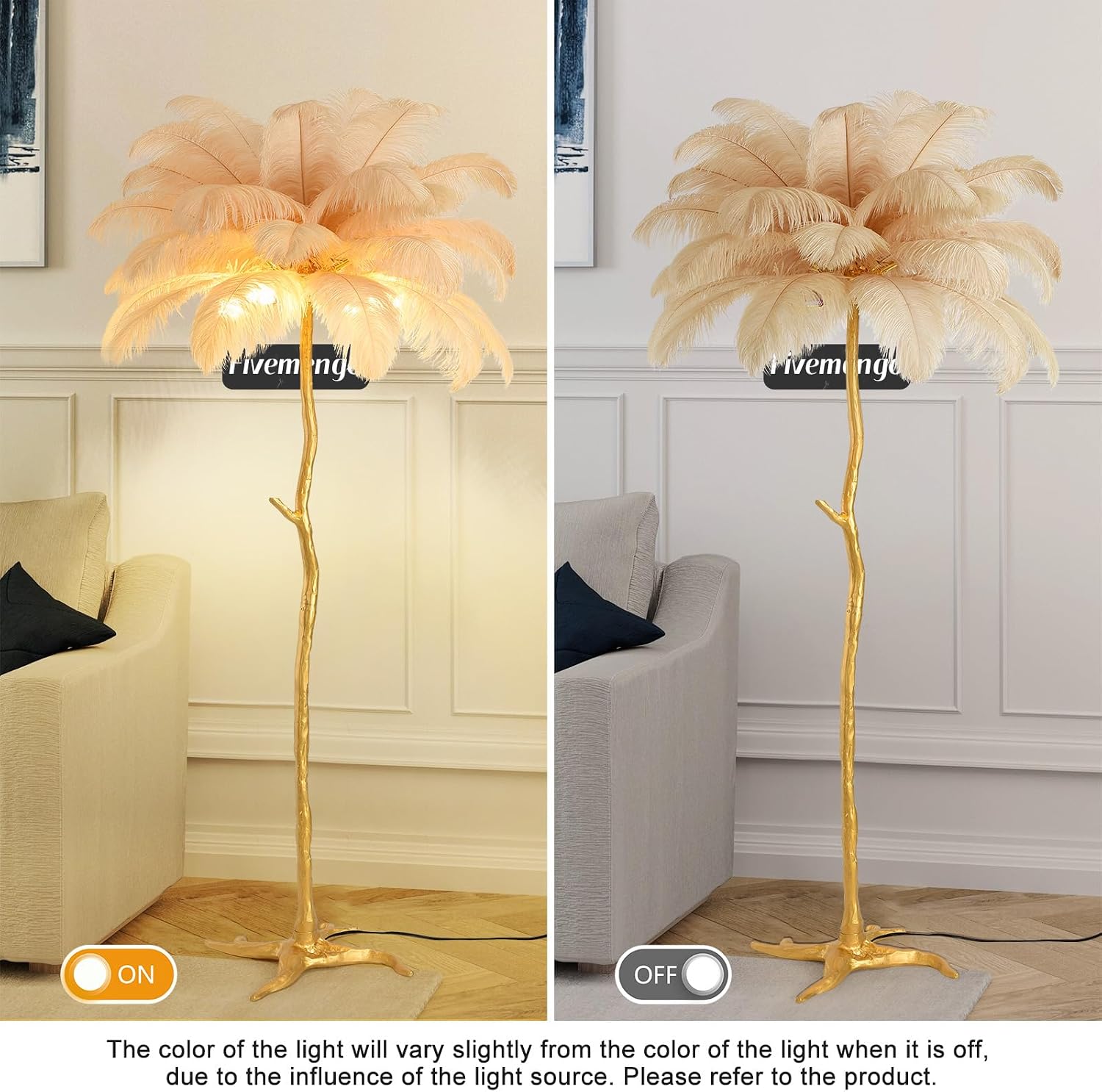 Large Feather Floor Lamp for Living Room, Long & Large Fluffy Ostrich Feathers Lamp, 3 Color Temperatures Modern Funky Tall Standing Lamp for Bedroom Inclued Bright E12 LED Bulbs (Khaki)