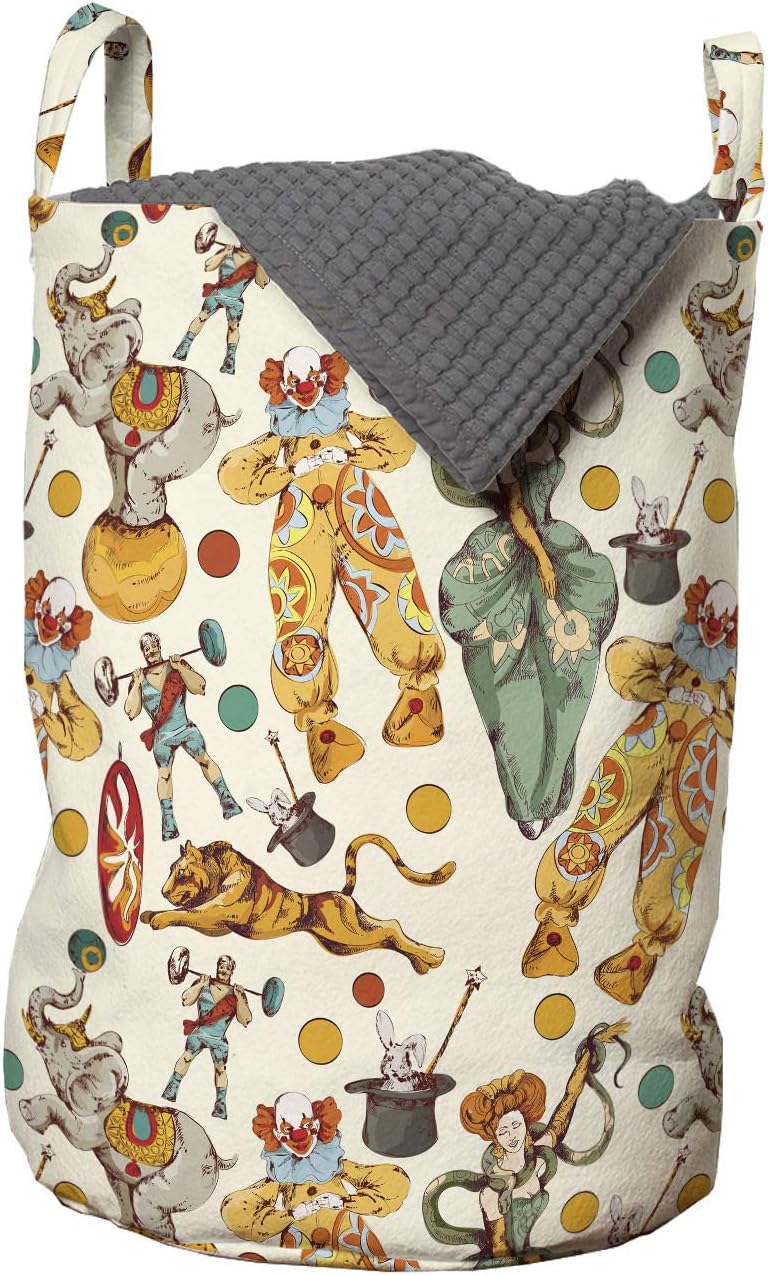 Ambesonne Circus Laundry Bag, Vintage Clown and The Wand Doing a Trick Doodle Style Design Funny Design, Hamper Basket with Handles Drawstring Closure for Laundromats, 13" x 19", Multicolor