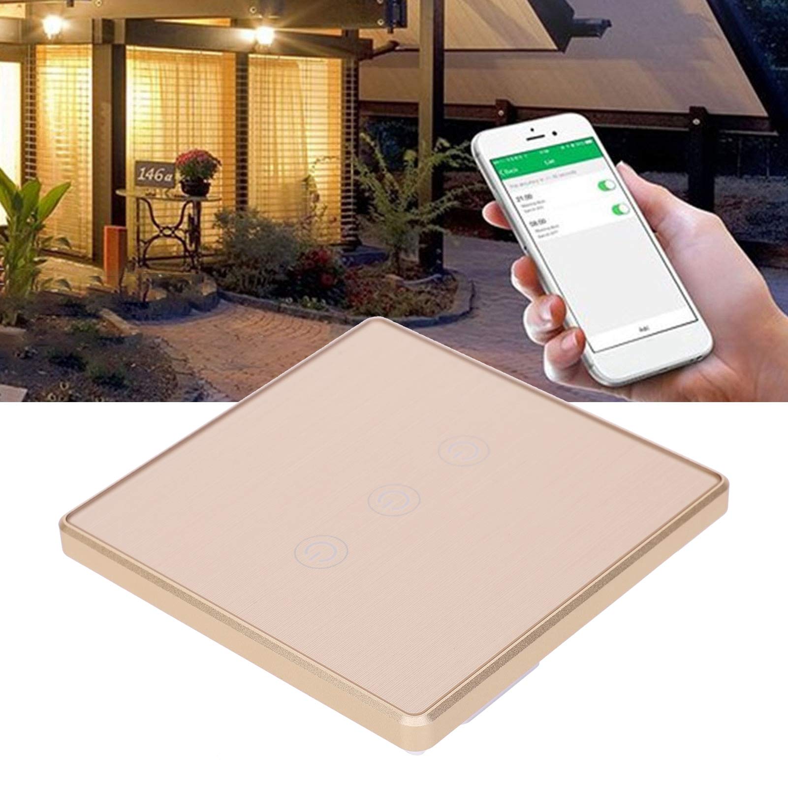 Interruttore della luce intelligente Wi-Fi, interruttore della luce tattile intelligente a parete, interruttore tattile intelligente Telecomando wireless dorato Standard del Regno Unito 800 W 95‑240 V