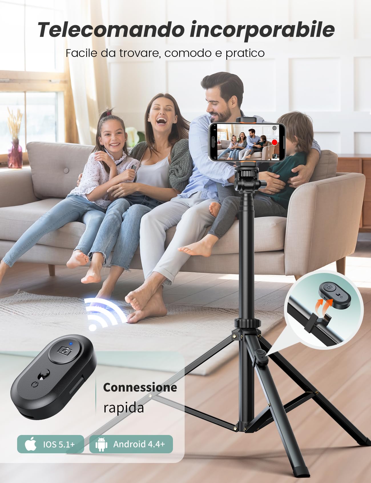 180cm Treppiede per Cellulare, Bastone Selfie Treppiede con Telecomando e Supporto con Telecomando Wireless, Estensibile Treppiedi Compatibile con Smartphones.