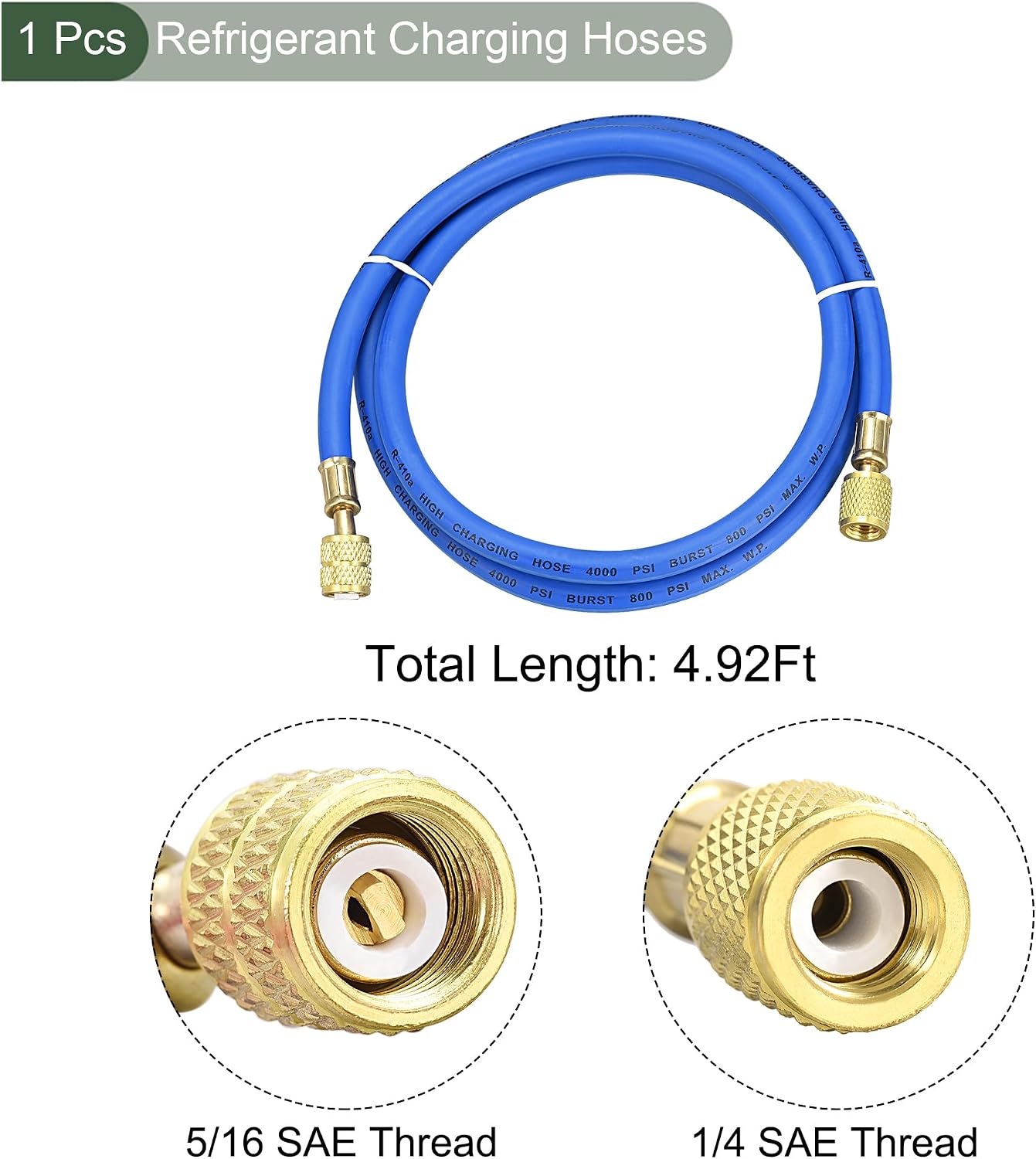 YOKIVE 1/4 SAE Flare AC Refrigerant Charging Hoses, 4.92Ft Length 800PSI Thread | Great for Ir Condition System Maintenance (Blue, 1.5M)